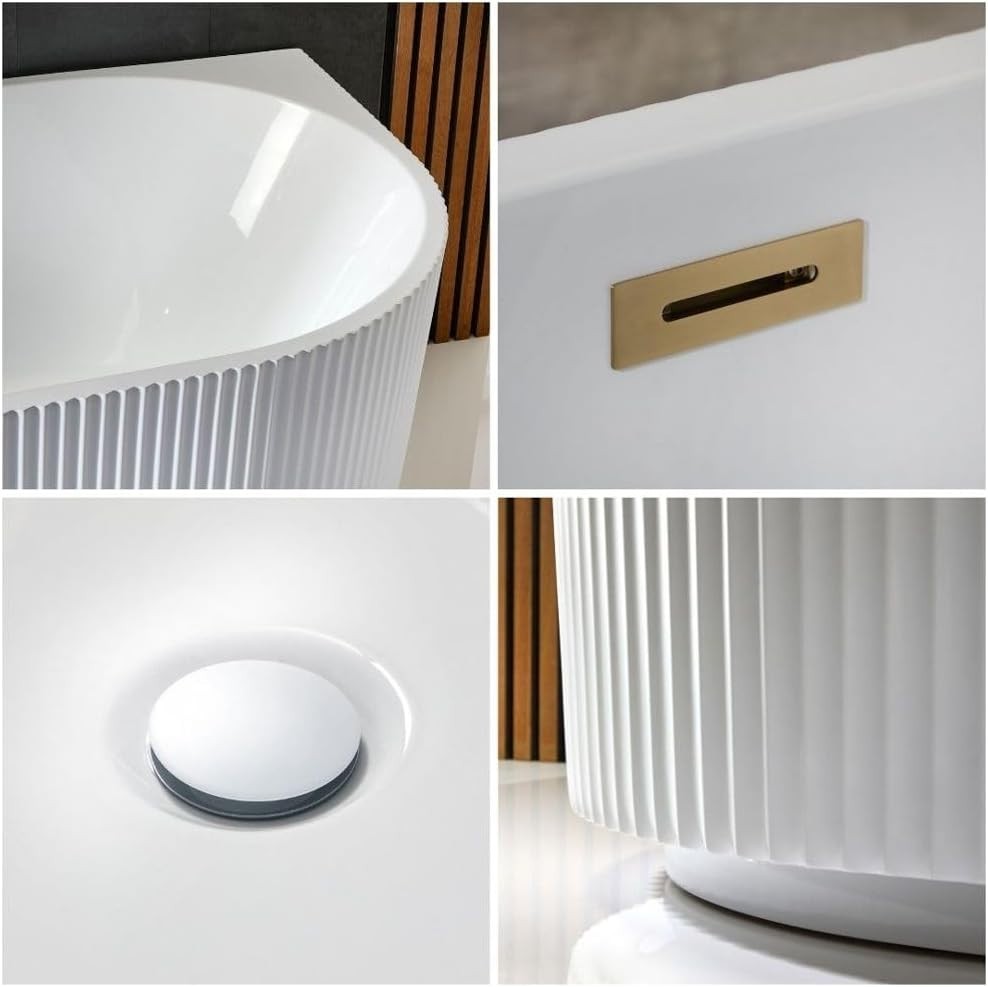 White Left Hand Fluted Corner Bath 1700x800mm Brass Overflow