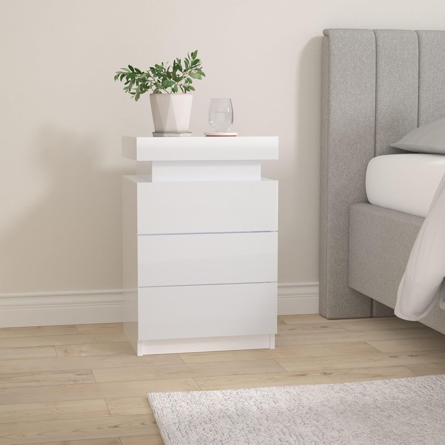 LED Bedside Table with 3 Drawers & RGB Lights | Modern White High Gloss