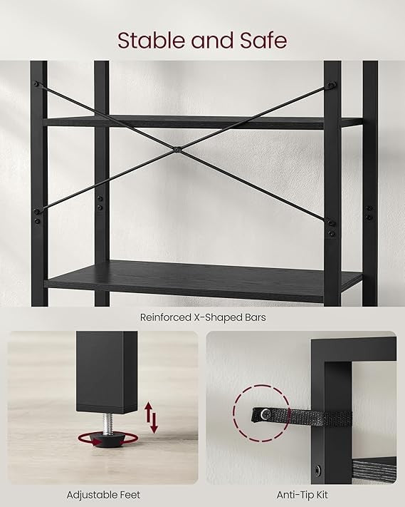 6-Tier Industrial Bookshelf Tall Ebony Black Metal Wood Storage Unit