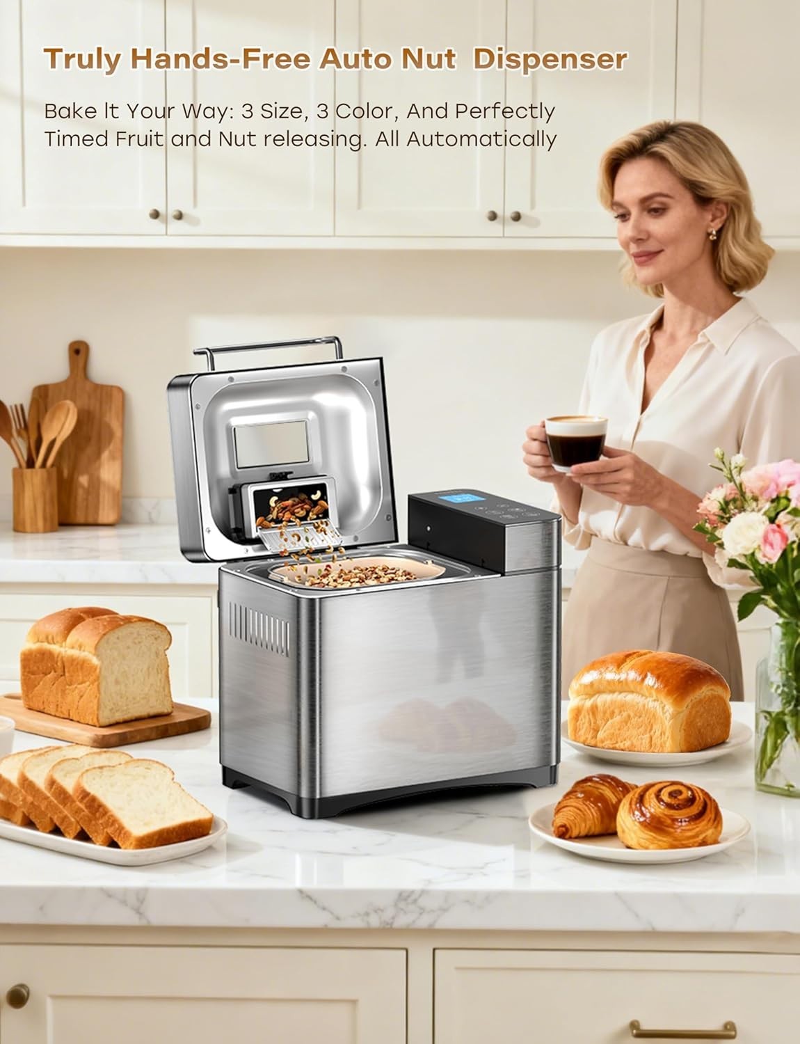2LB Bread Maker 17-in-1 Ceramic Pan Nut Dispenser Touch Panel Silver
