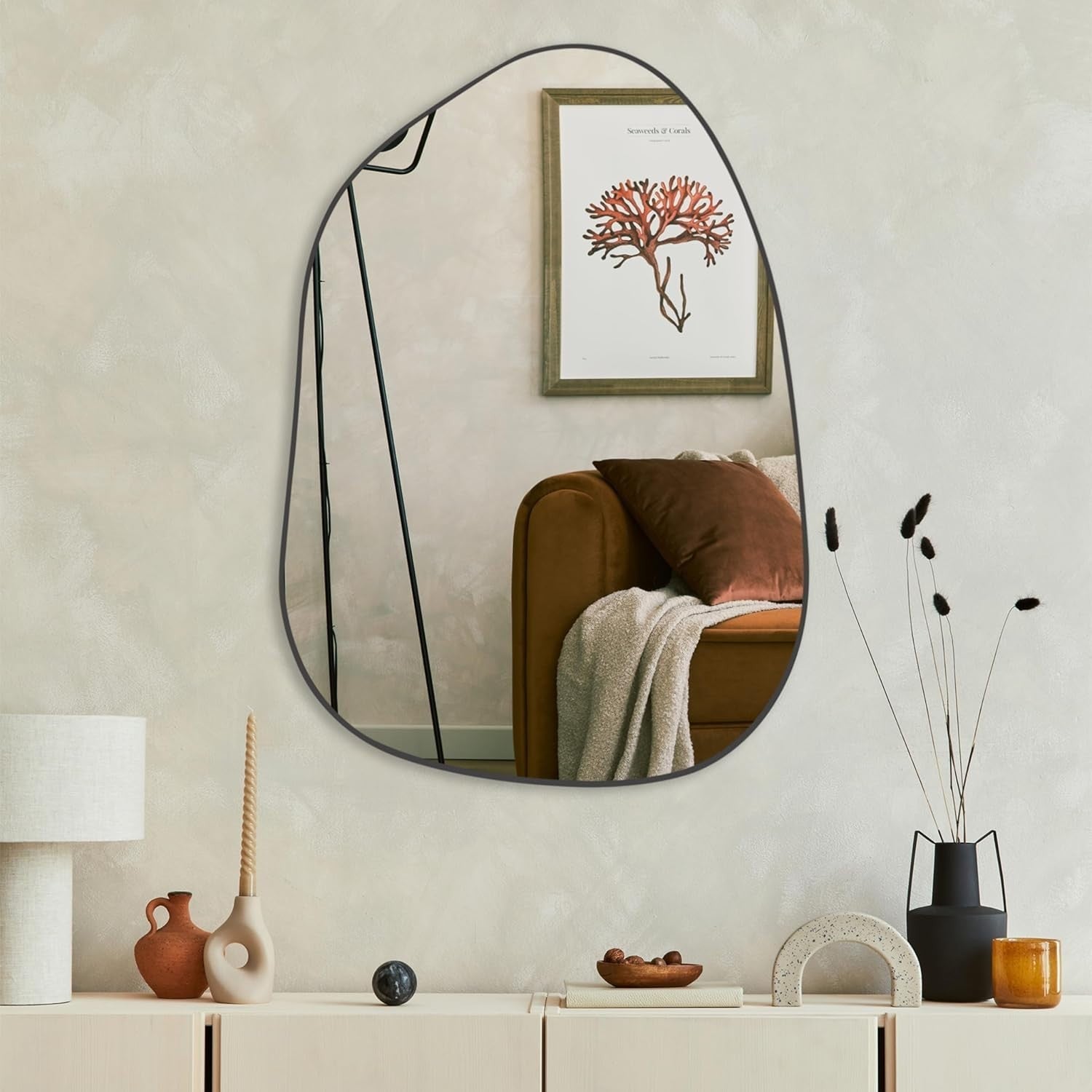 Modern Black Wall Mirror 69x48cm Irregular Vanity Mirror for Hallway