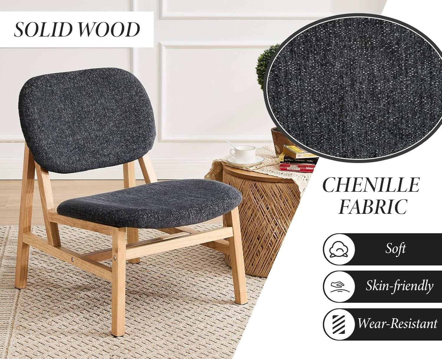 Retro Wooden Lounge Chair Grey Chenille Armchair for Living Room Decor