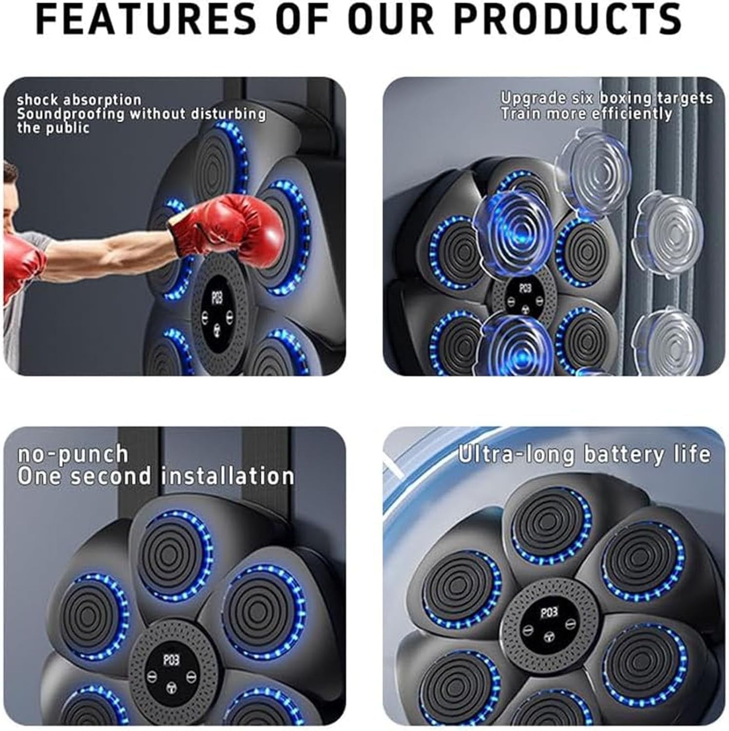 Black Music Boxing Machine Blue LED Bluetooth Wall Punch Trainer 9 Speed