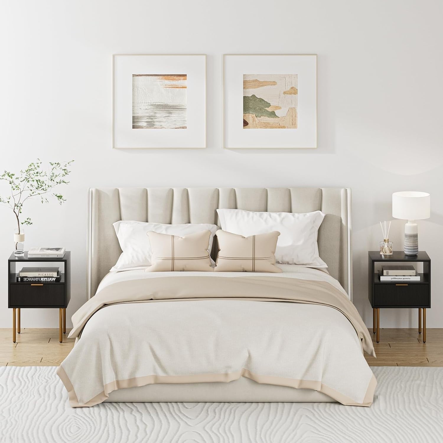 Modern Black Bedside Table with Gold Legs | 1 Drawer Nightstand with Shelf