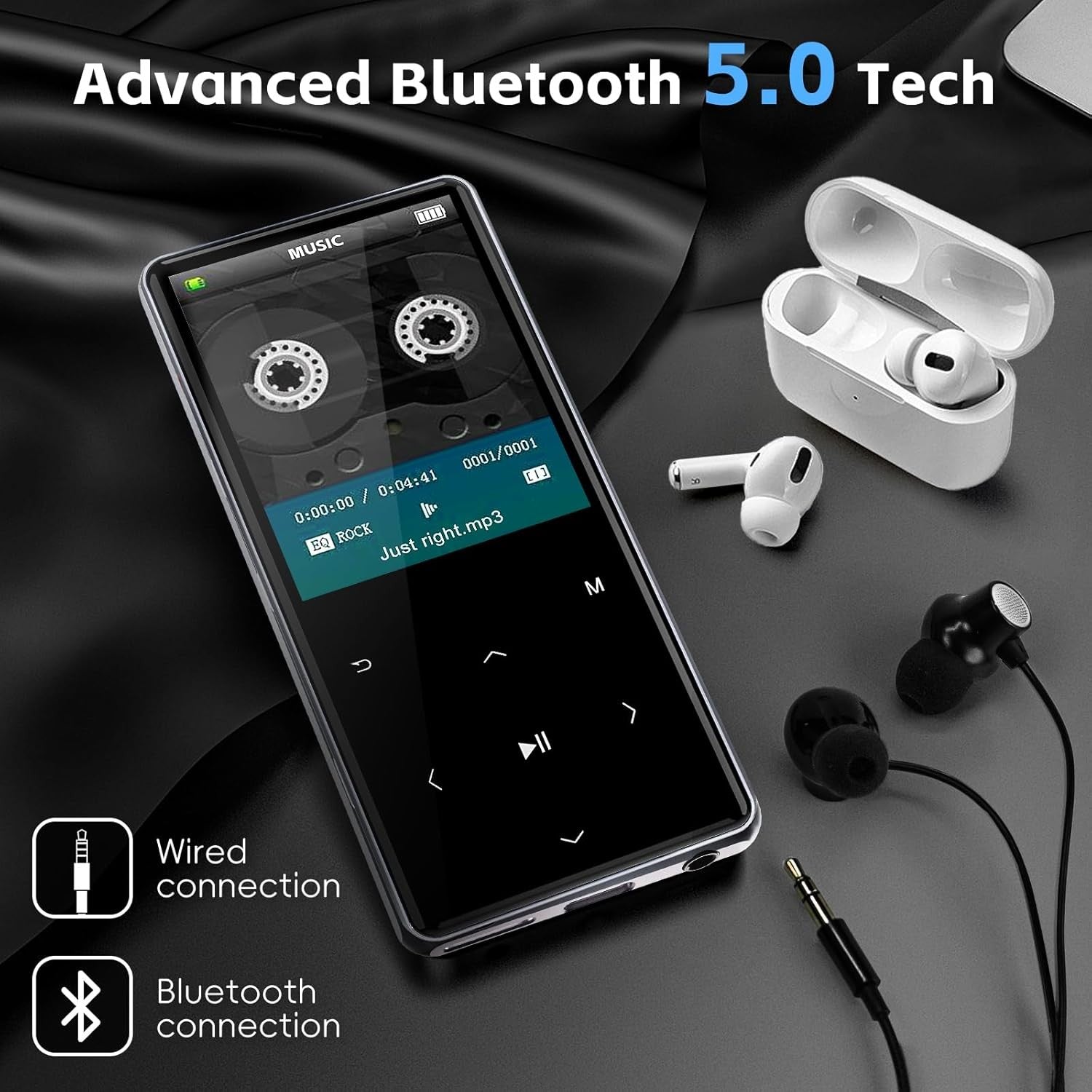 Bluetooth 5.0 64GB 2.4″ MP3 Player with Speaker, Voice Recorder & E‑Book