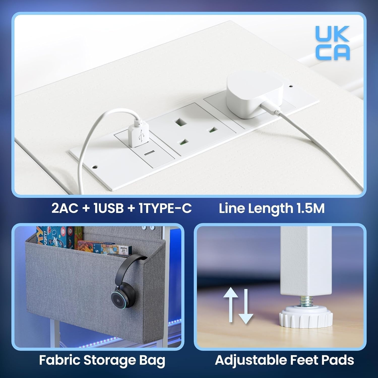 White LED Gaming Desk 120x50cm w/ Power Outlets & Dual Monitor Stands