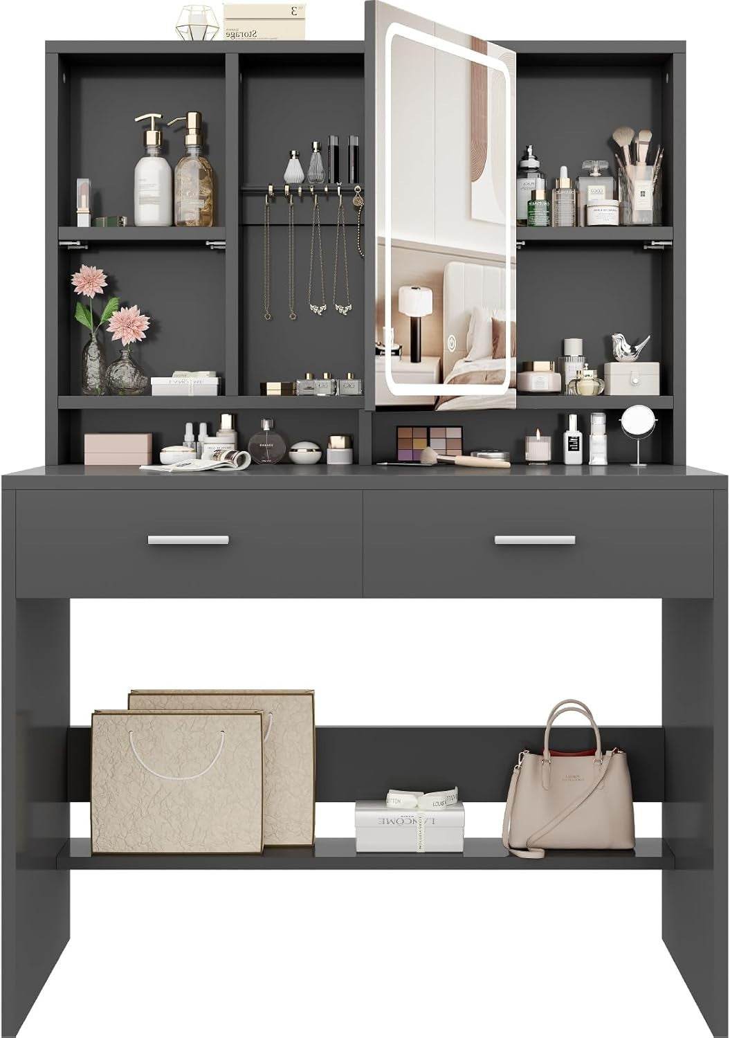 Modern Dressing Table Vanity w/LED Mirror Lights 2 Drawers Storage Black