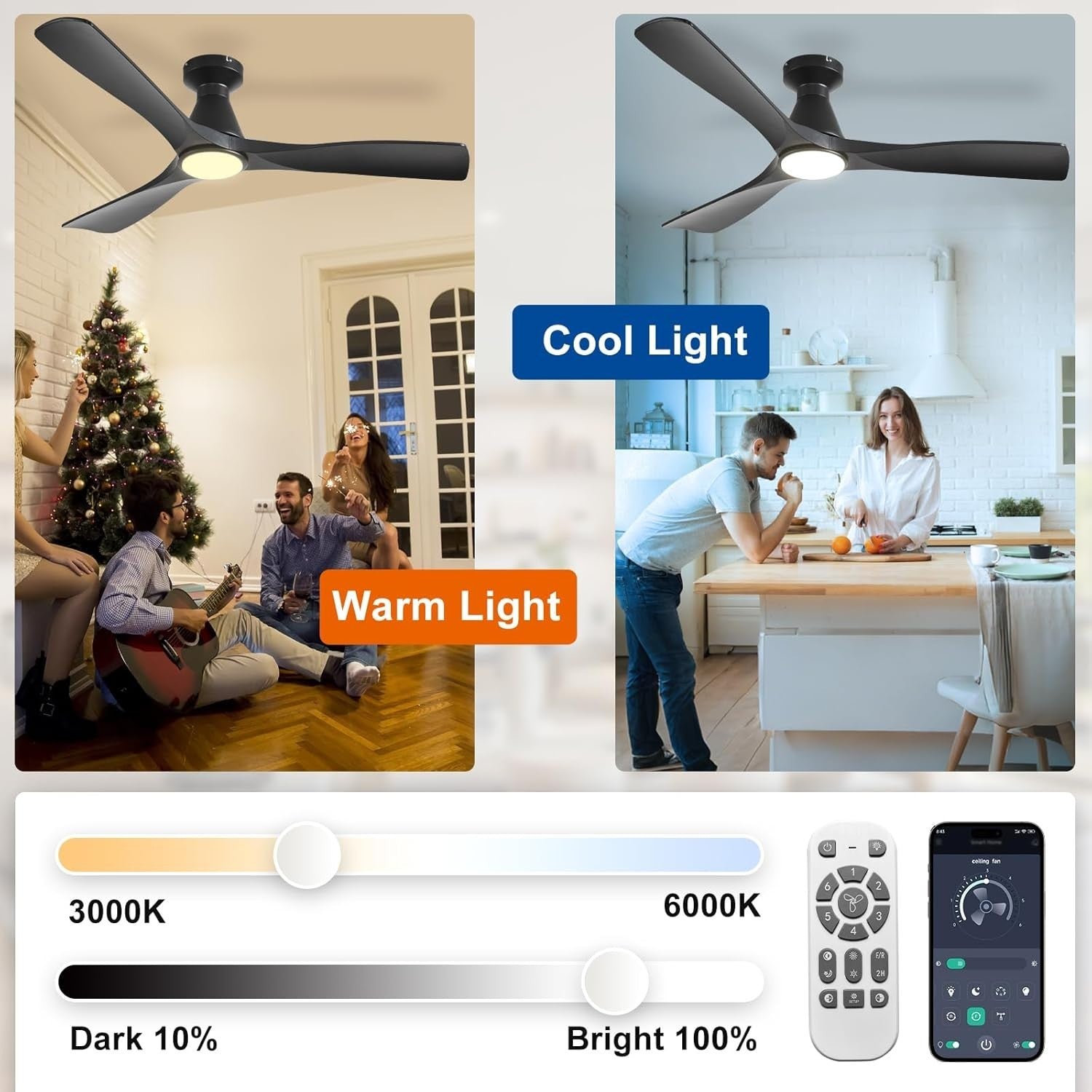 52" Ceiling Fan Light, 3-Blade LED, Reversible Quiet DC Motor, Black