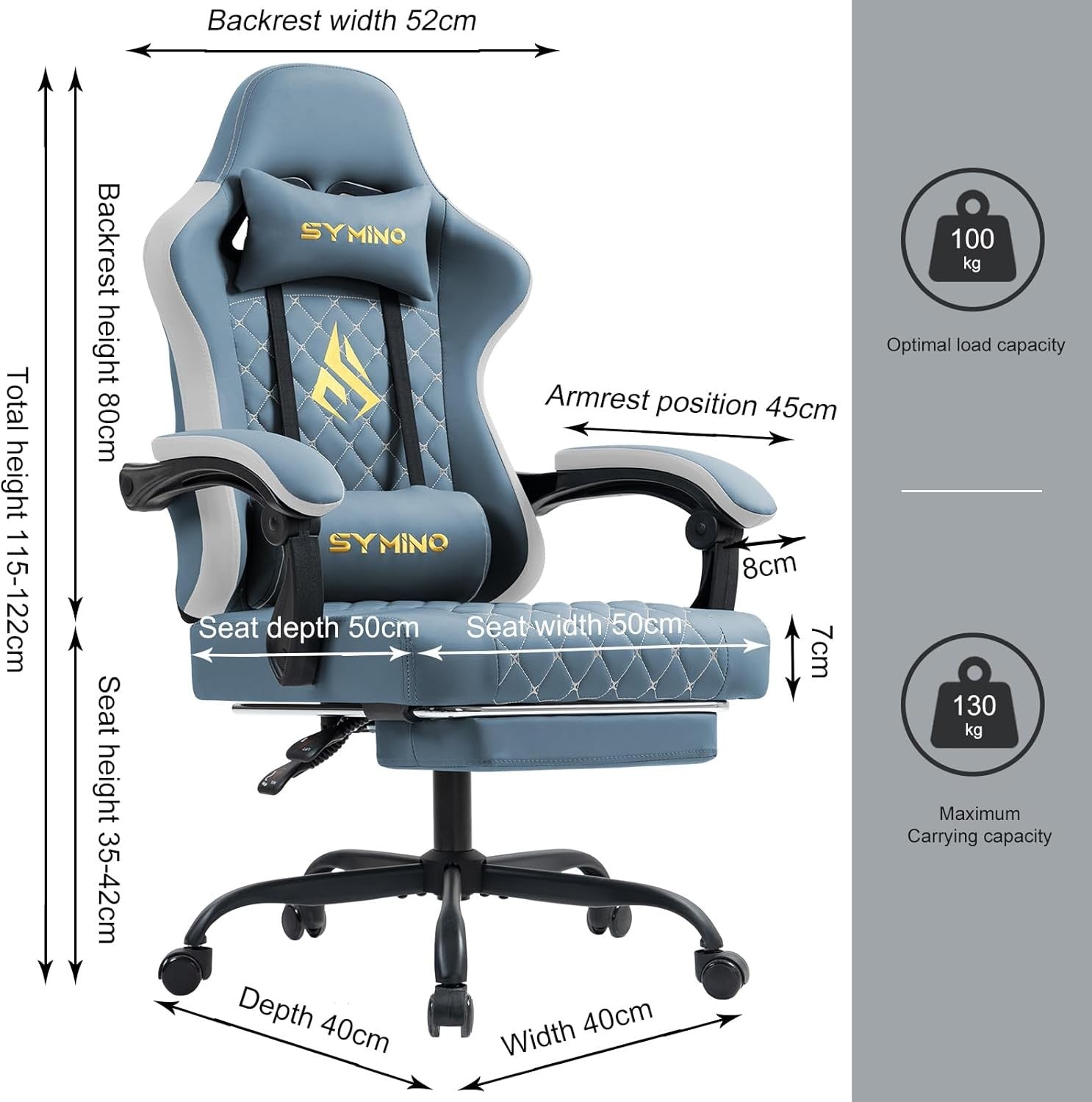 Ergonomic Gaming Chair w/ Footrest Reclining PU Leather Blue