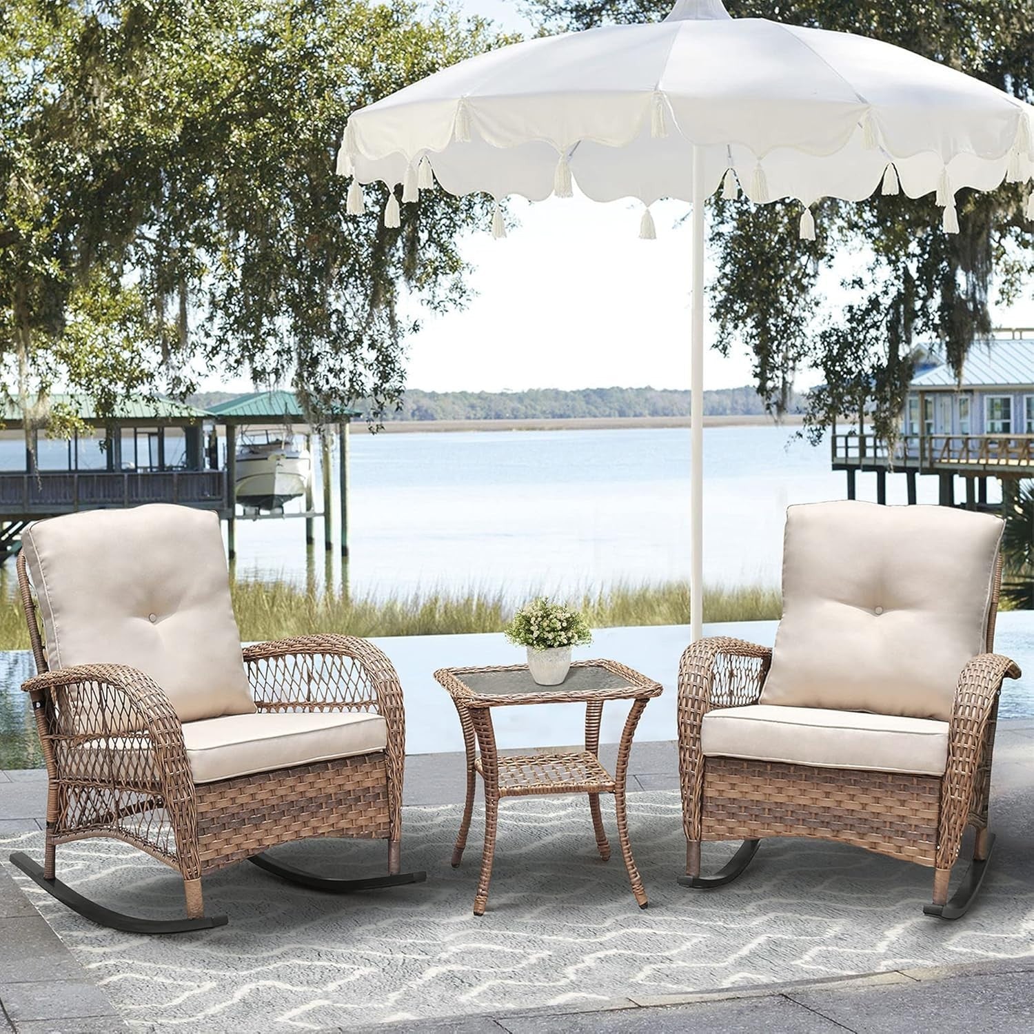 Outdoor Rattan Rocking Bistro Set 3-Piece Patio Chairs Glass Table