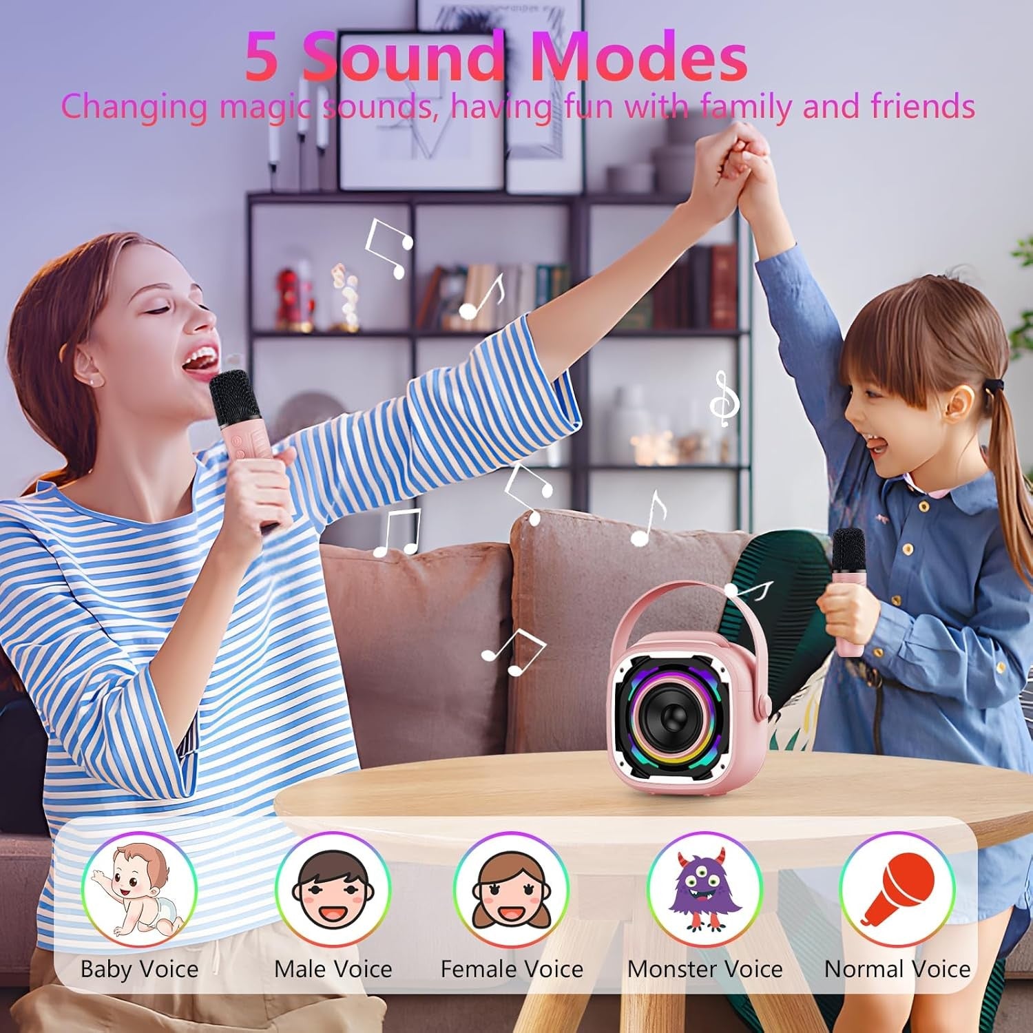 Kids Mini Karaoke Machine 2 Mics Bluetooth LED Speaker