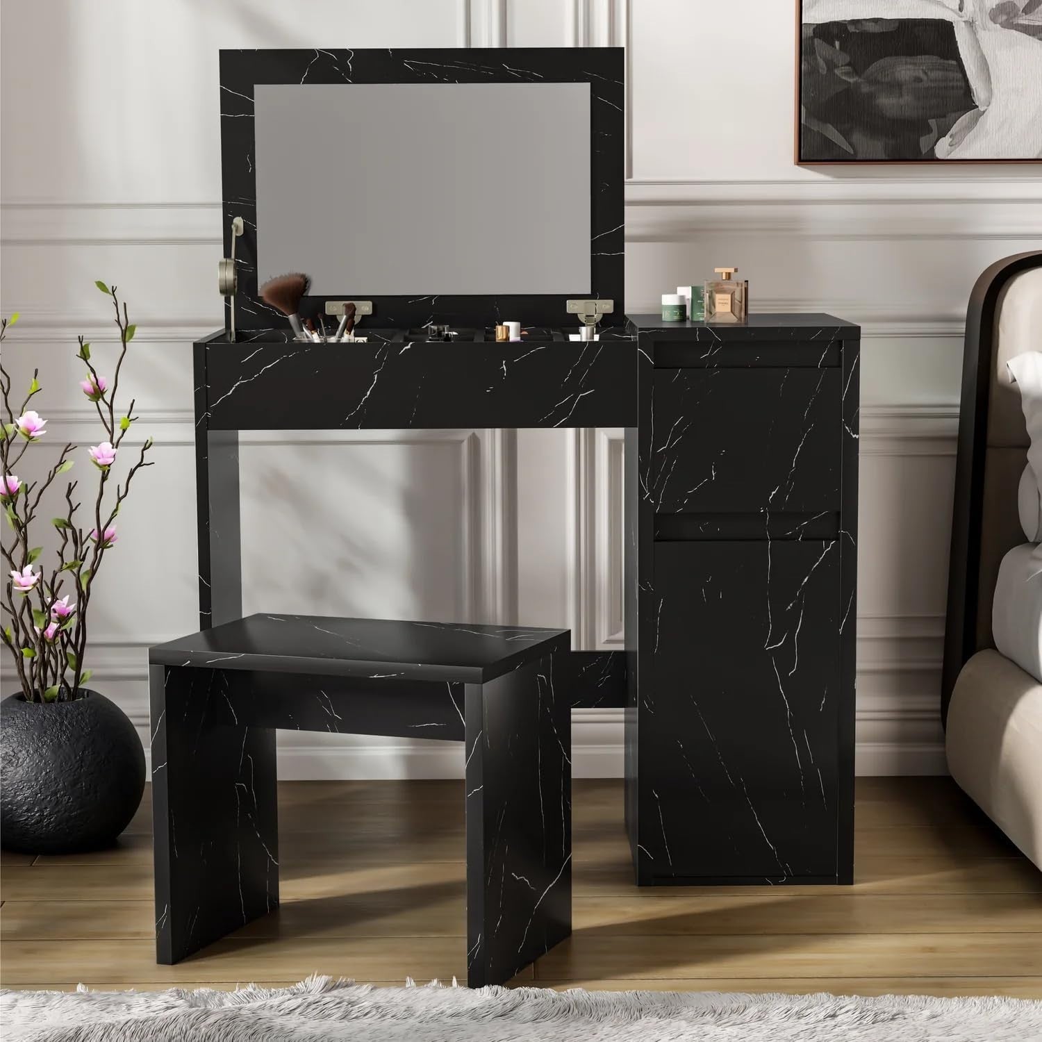 2-in-1 Vanity Desk Makeup Table Flip Mirror Storage Stool Black Marble Wood
