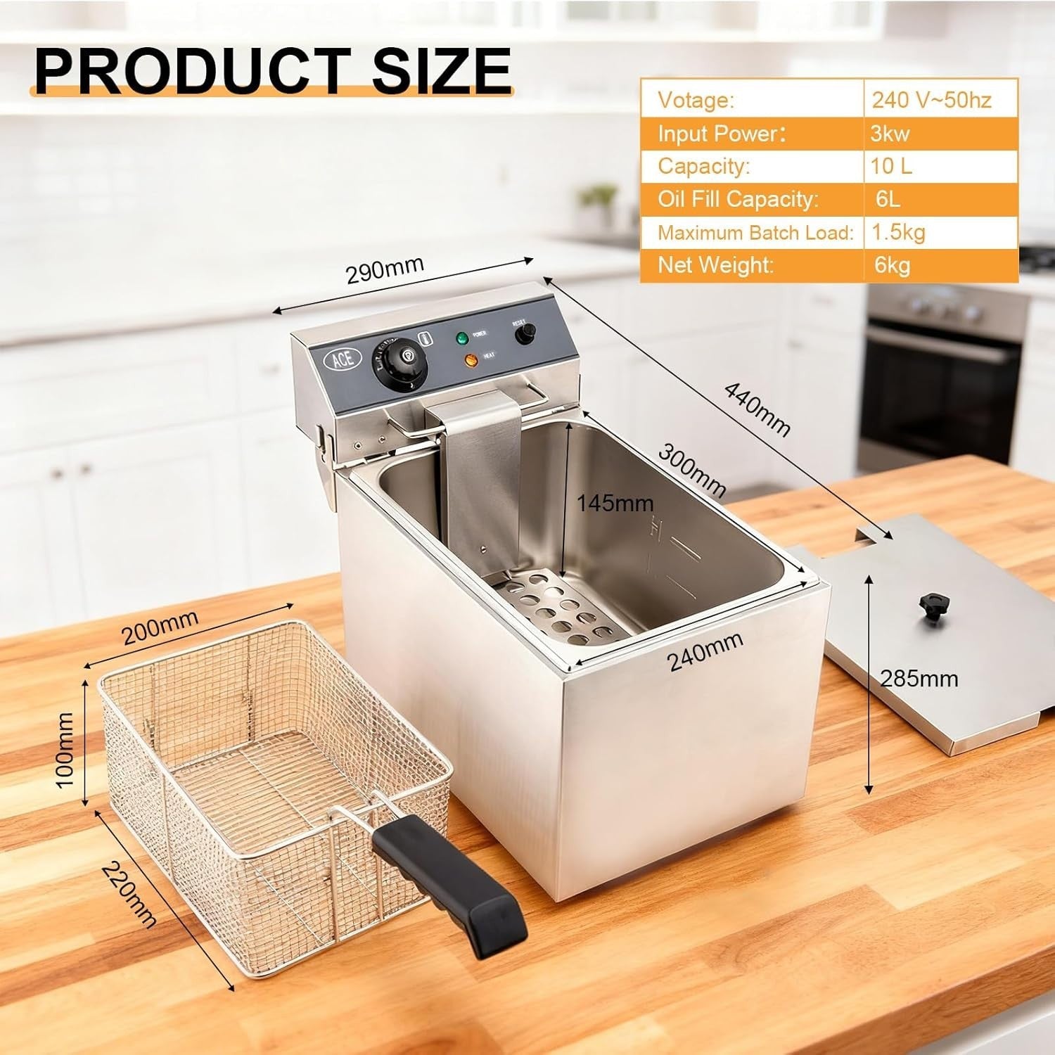 10L Electric Chip Fryer 3000W Stainless Steel Commercial Countertop