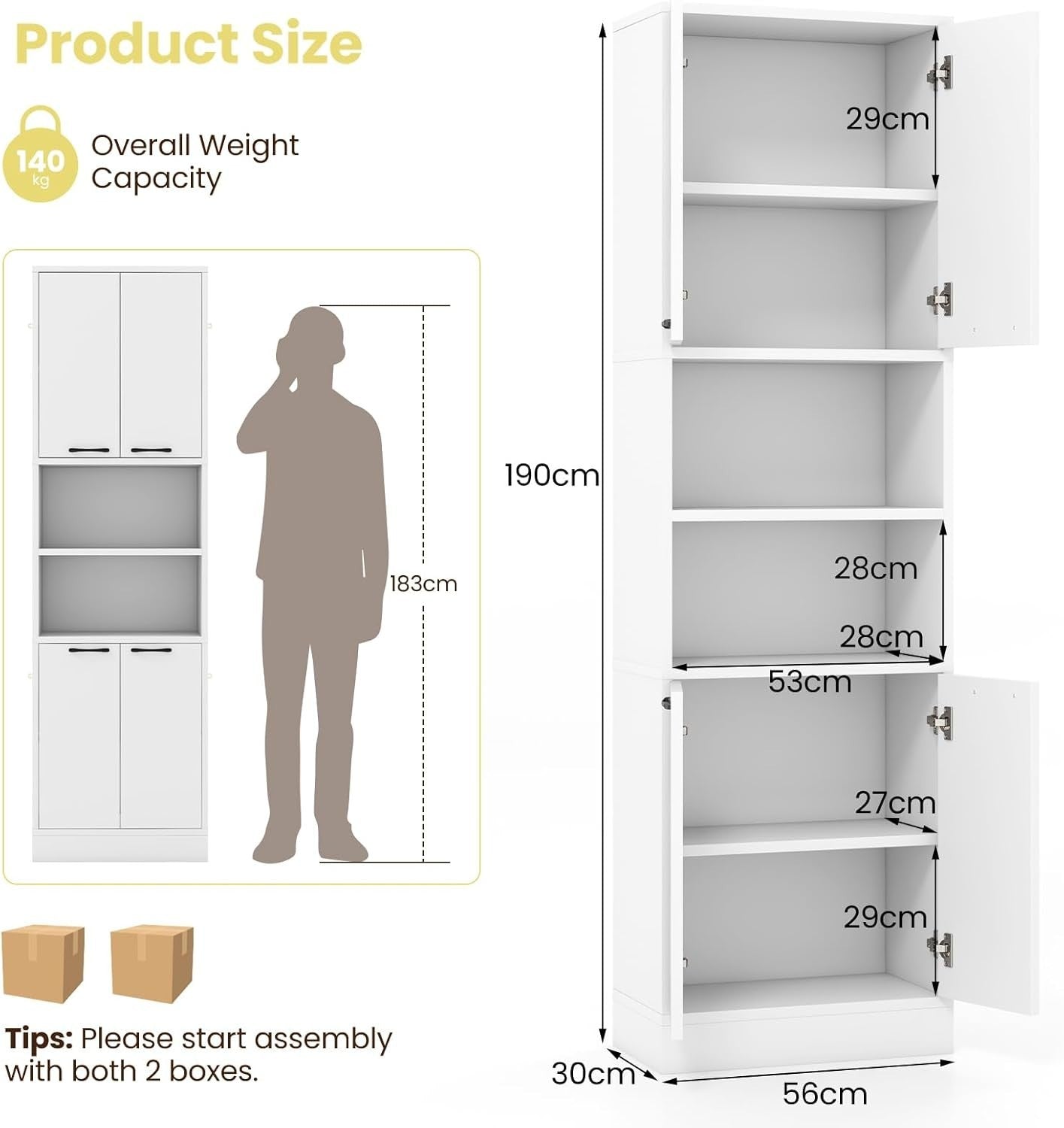 190cm Tall Kitchen Cupboard White 4 Doors Open & Closed Storage Cabinet