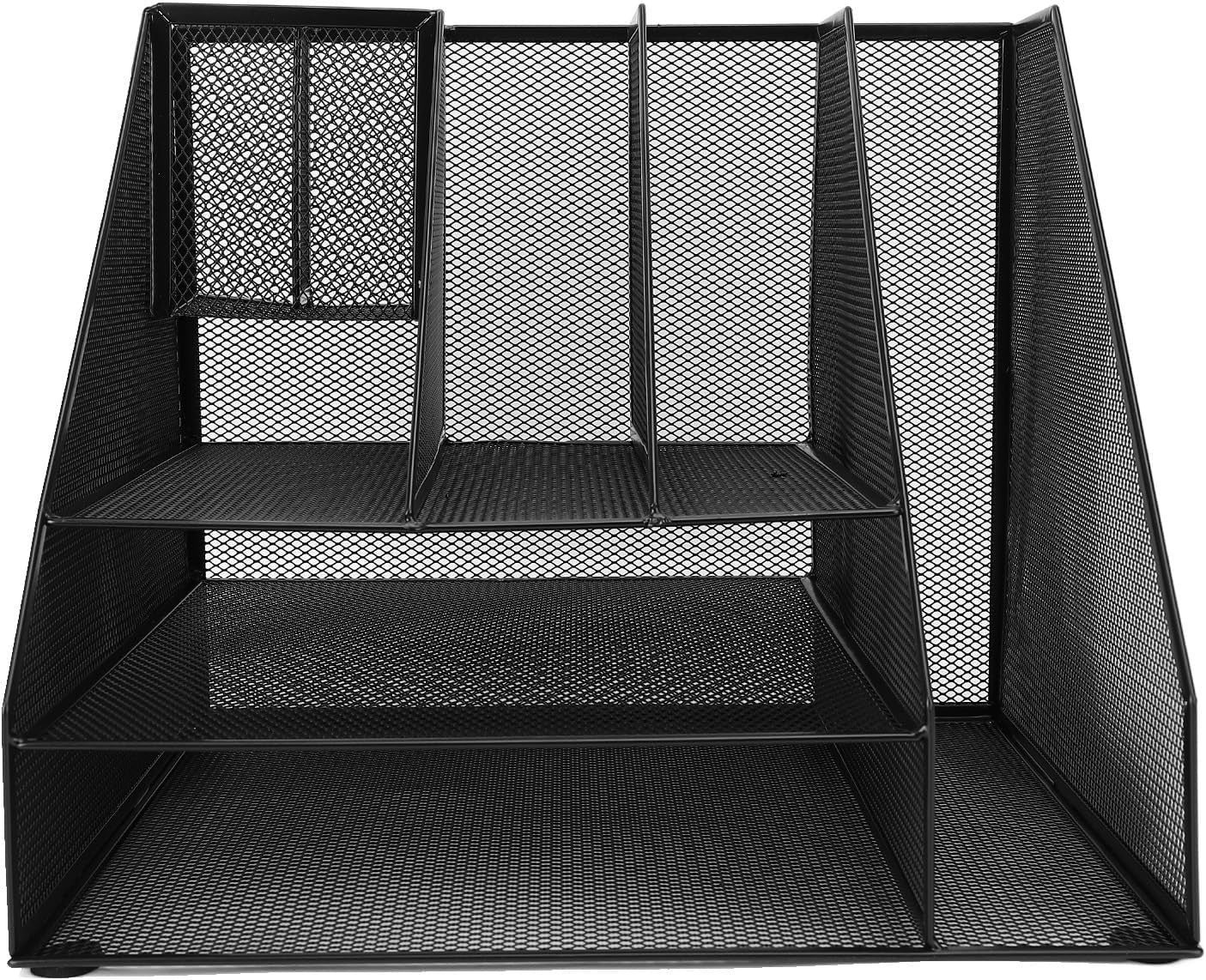 3-Tier Desk Organizer with Pen Holders & File Rack – Metal Mesh Storage