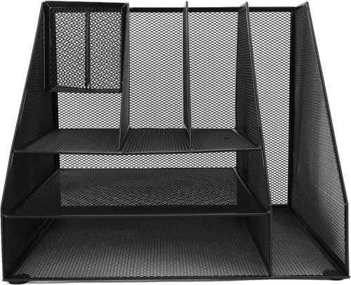 3-Tier Desk Organizer with Pen Holders & File Rack – Metal Mesh Storage