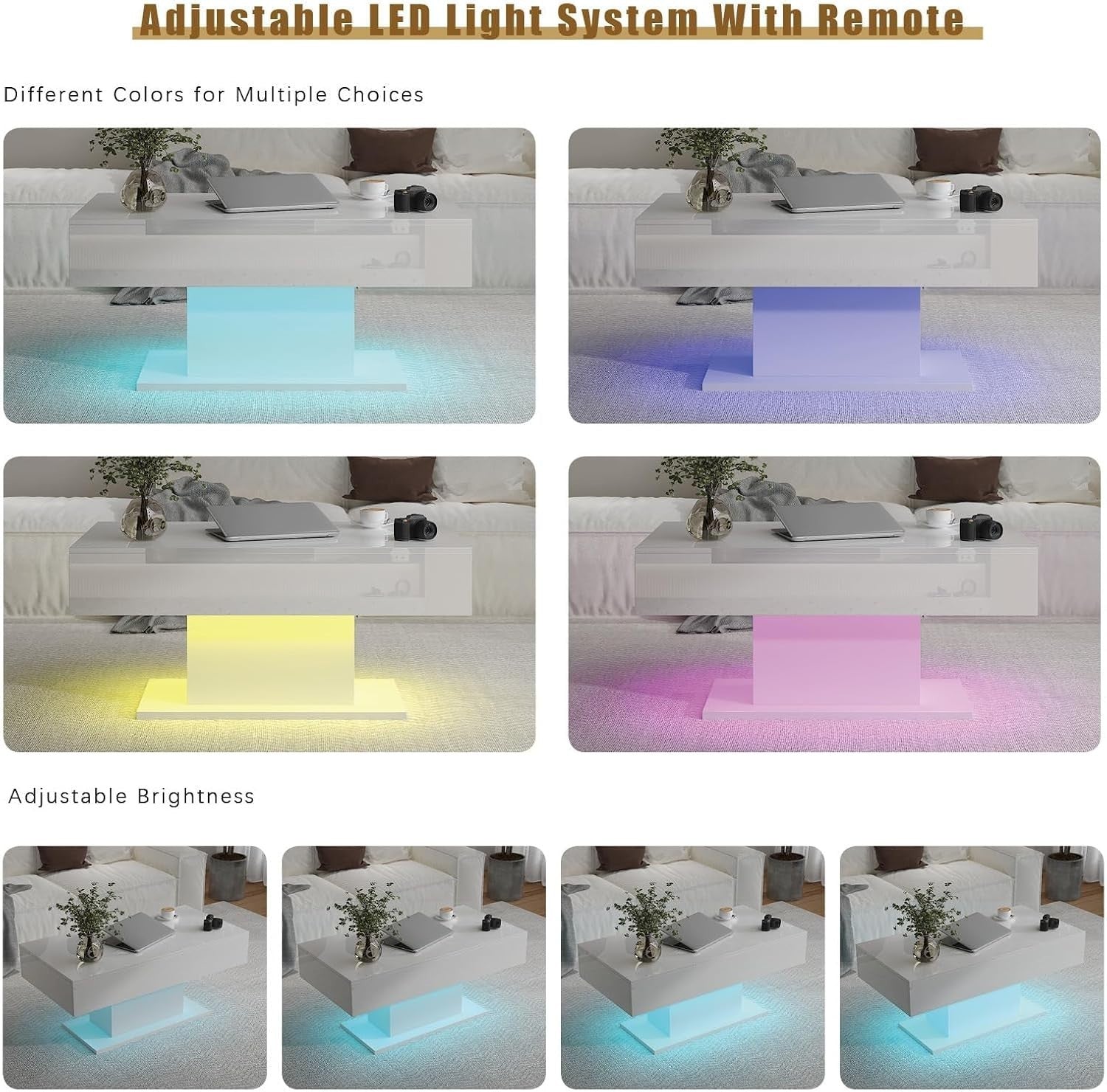 White LED Coffee Table with 2 Drawers, High Gloss Rectangular 110x55cm