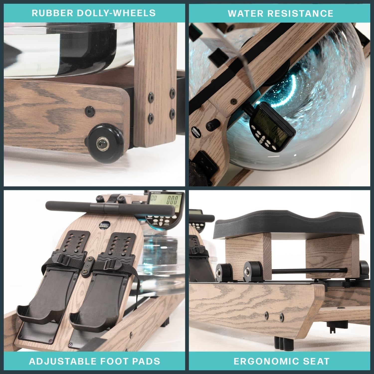 Wood Water Rowing Machine Driftwood Finish Water Resistance Bluetooth Monitor