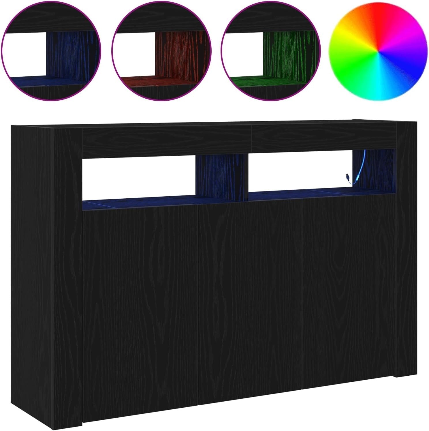 Modern Black Oak Sideboard Cabinet with LED Lighting, 3 Doors & 8 Compartments