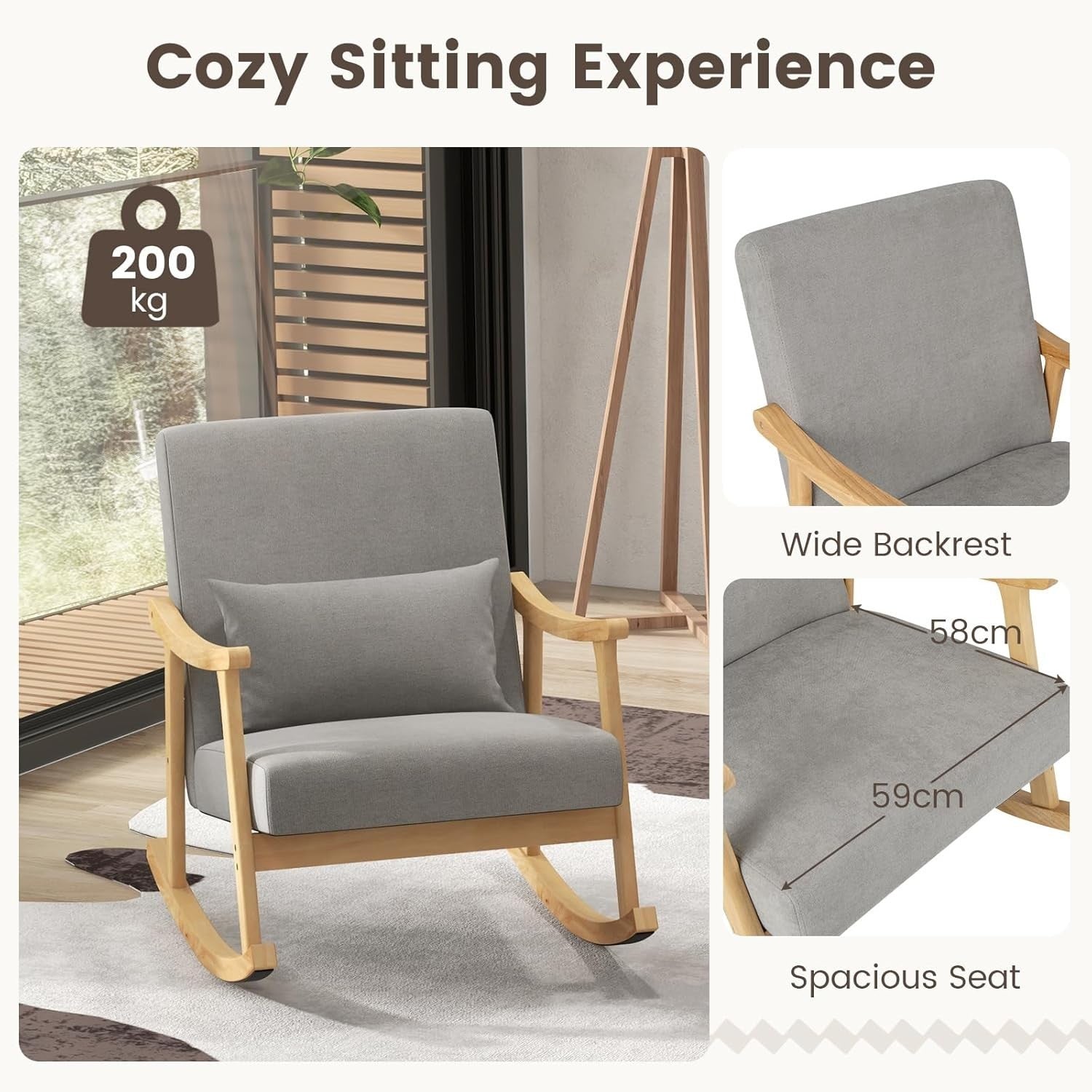 Modern Rocking Chair Wooden Frame Linen Seat, Comfy Lounge Armchair 88x65x82cm