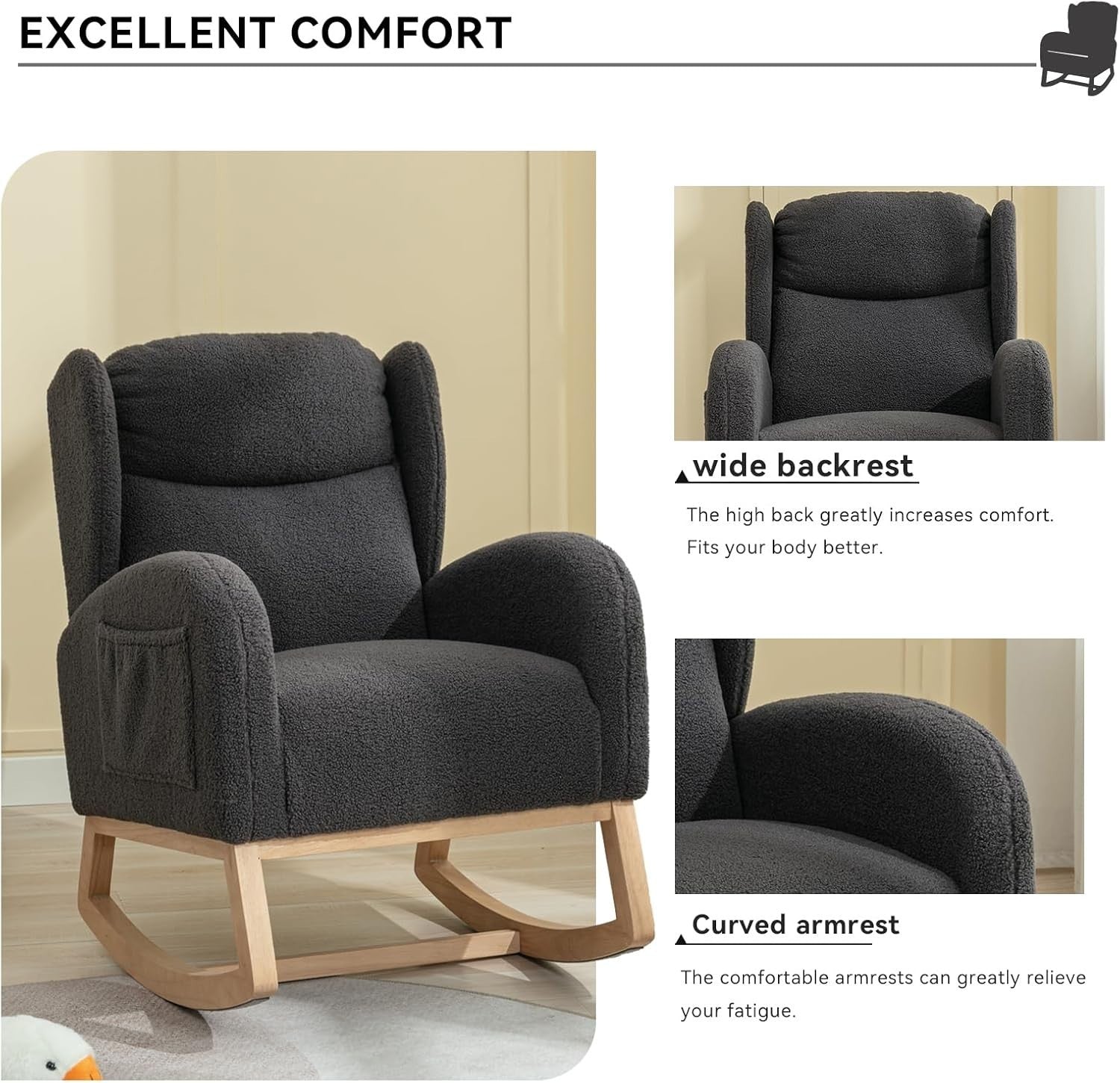 Teddy Rocking Chair Nursing Recliner Armchair Wing Back Faux Fur Grey