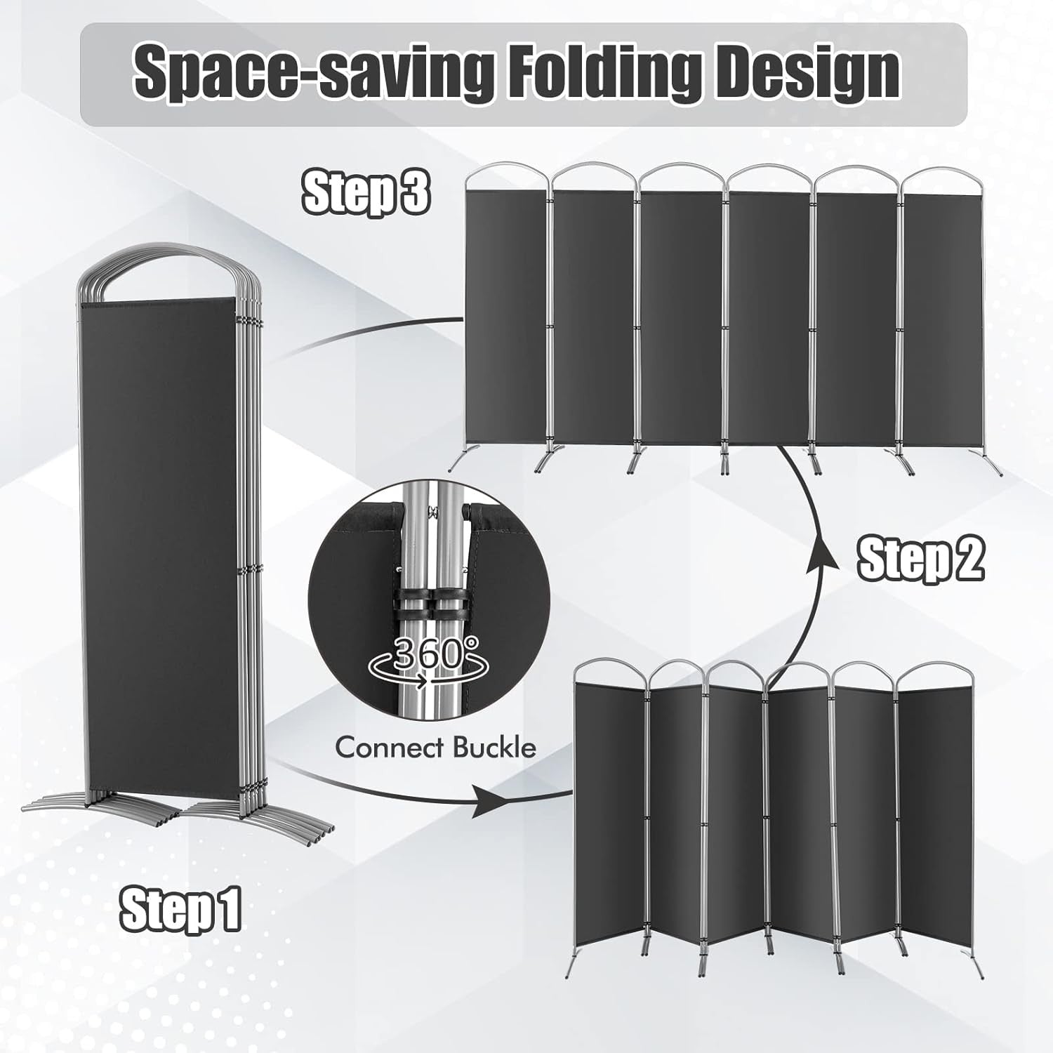 6 Panel Grey Folding Room Divider Privacy Screen for Bedroom Office 188cm High