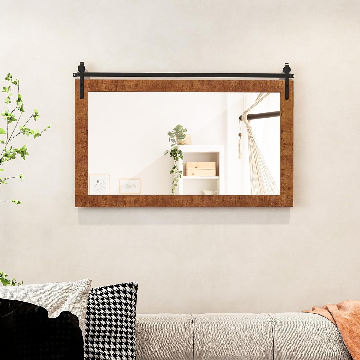 Rustic Barn Door Wall Mirror 101x66cm Wood Frame Farmhouse Vanity Decor
