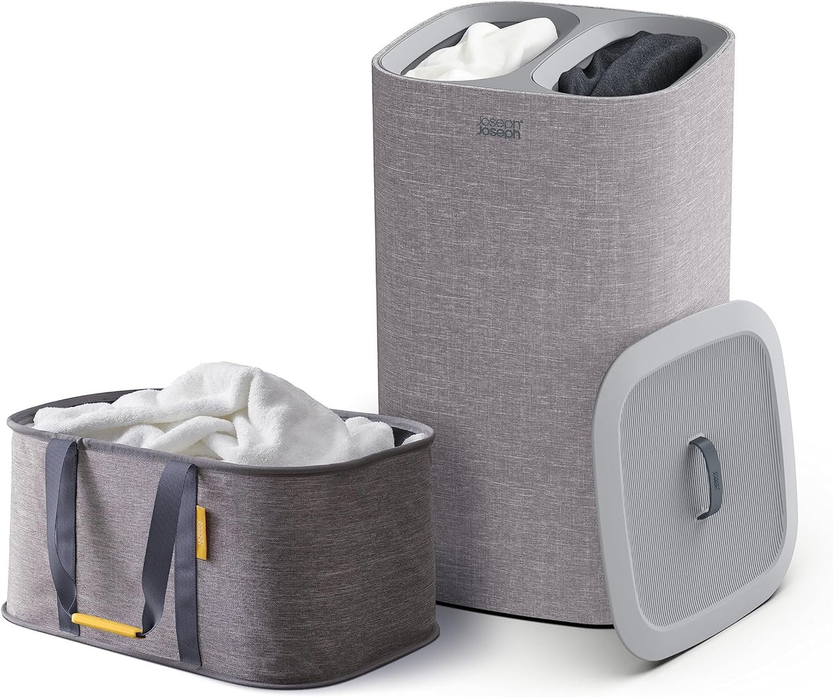 2-Piece Laundry Set with 60L Hamper & 35L Collapsible Basket Grey Fabric Organis