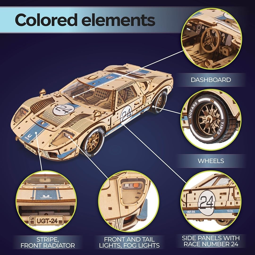 1:12 Scale Wooden Sports Car Puzzle – 970pc DIY Model with V8 Engine