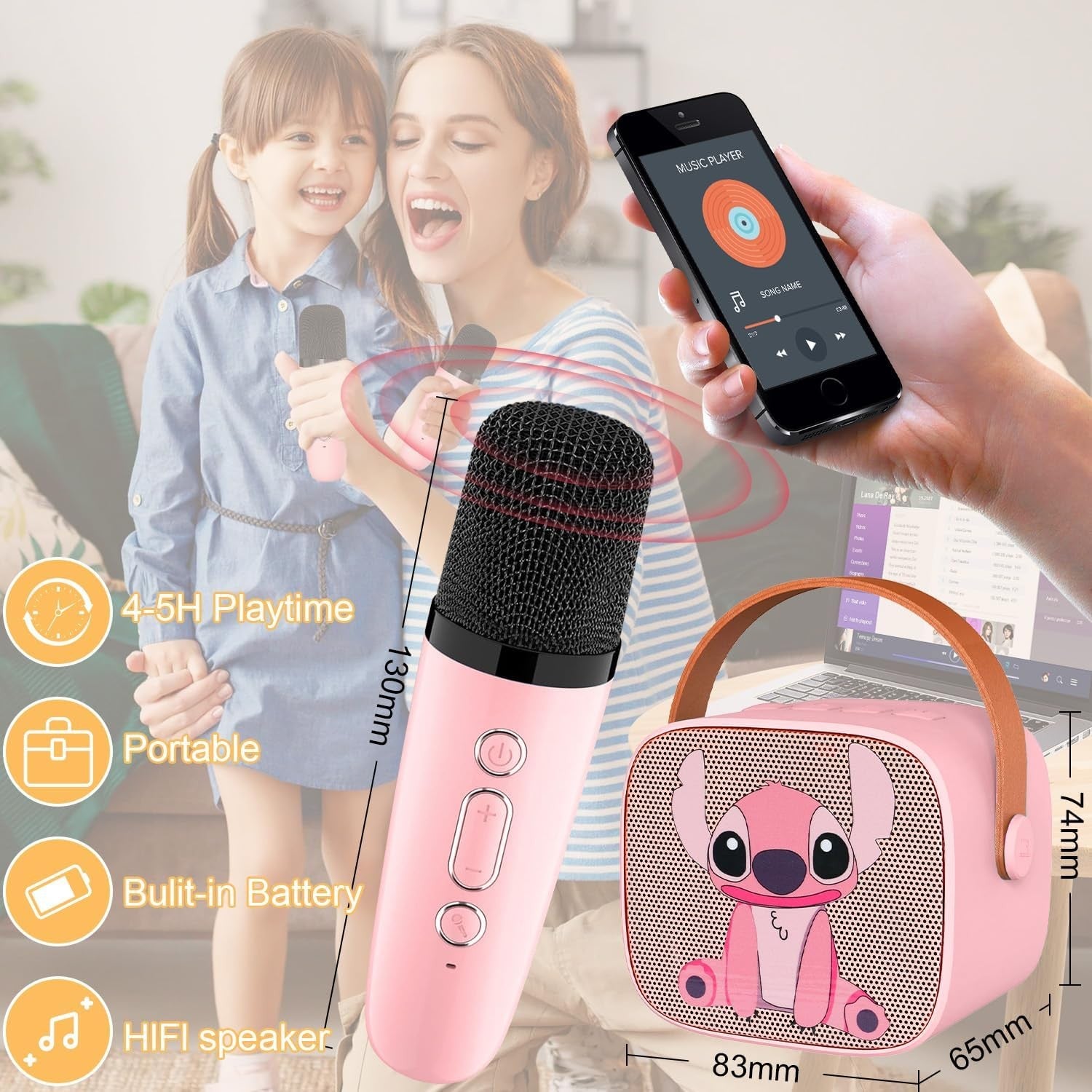 Kids Karaoke Machine Bluetooth Speaker 2 Wireless Mics LED Lights