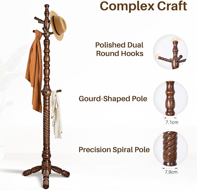 Wooden Coat Rack 188cm Tree Stand with 11 Hooks Heavy Duty Freestanding