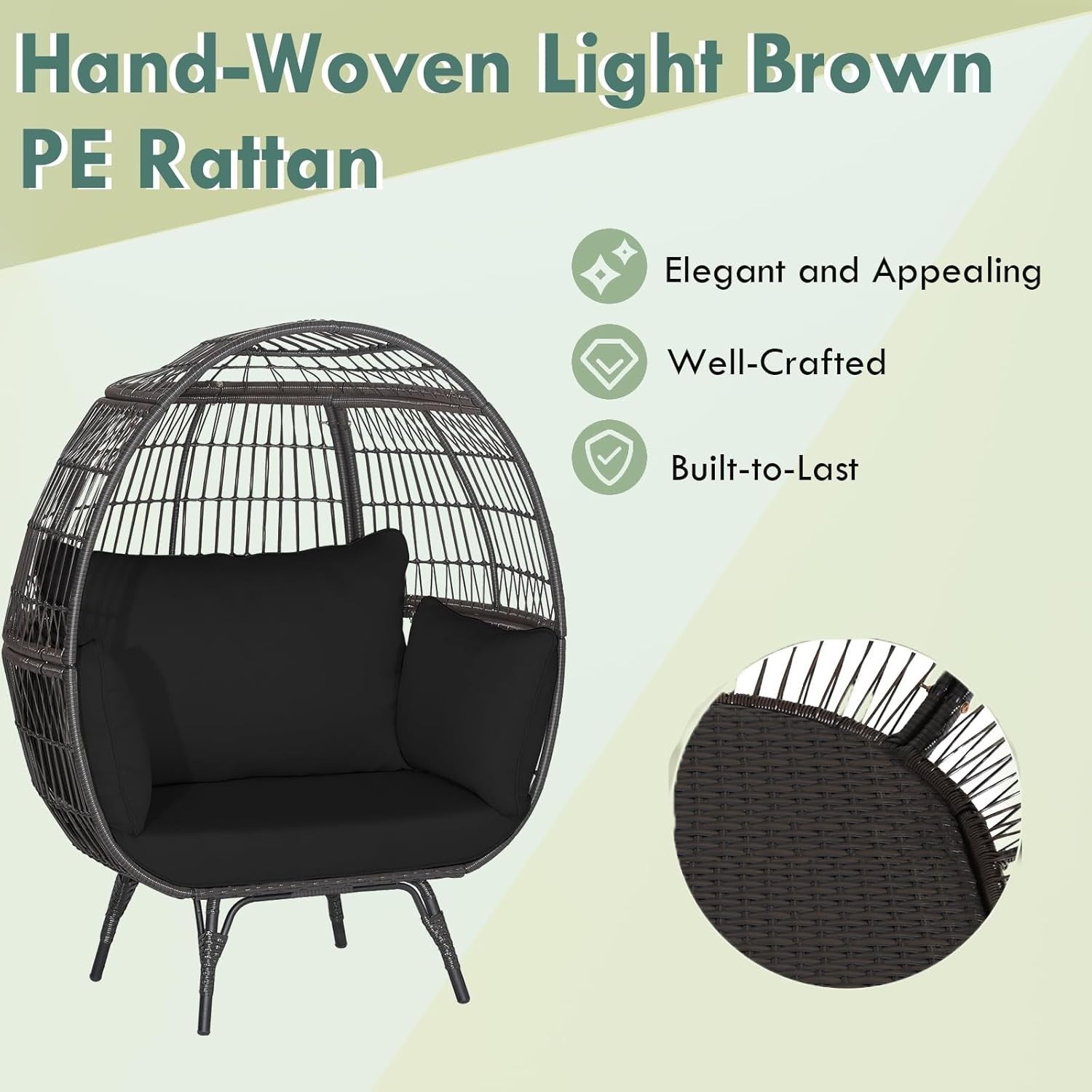 Black Two Seater Rattan Egg Chair Oversized Cushioned Freestanding Lounger