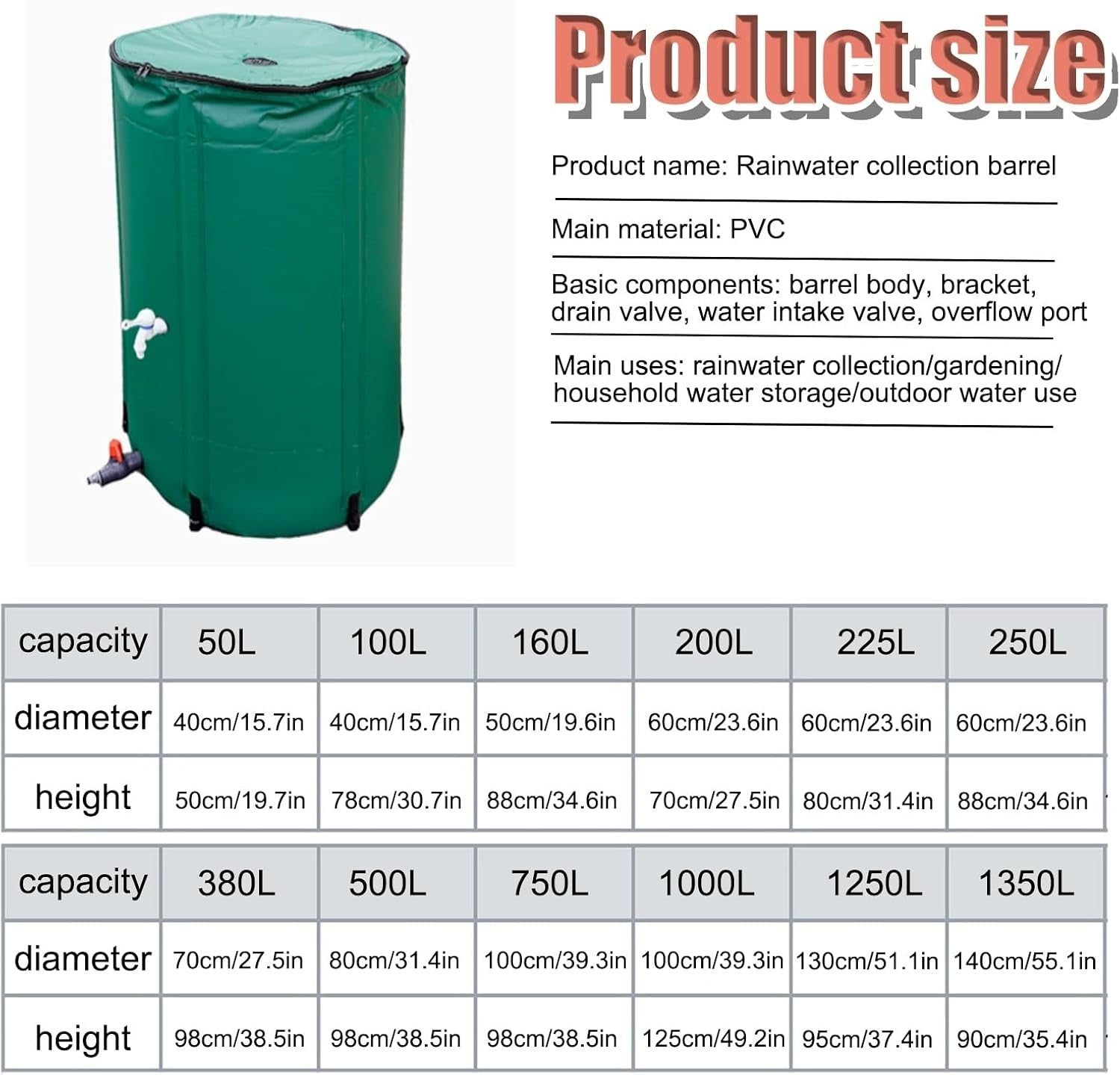 50L Foldable Rainwater Collection Tank, Portable Garden Water Butt, PVC