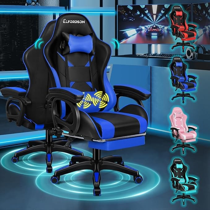ELFORDSON Gaming Chair w/ 2-Point Massage Lumbar Blue