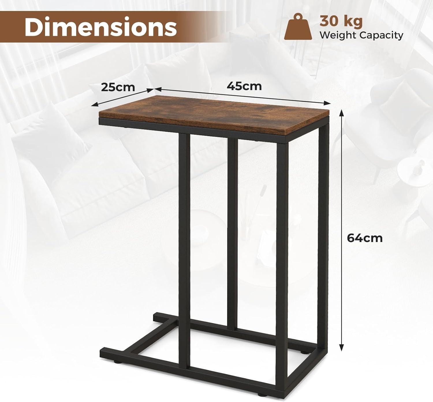 C-Shaped Side Table Rustic Brown | Industrial Sofa Laptop Snack Table 64cm