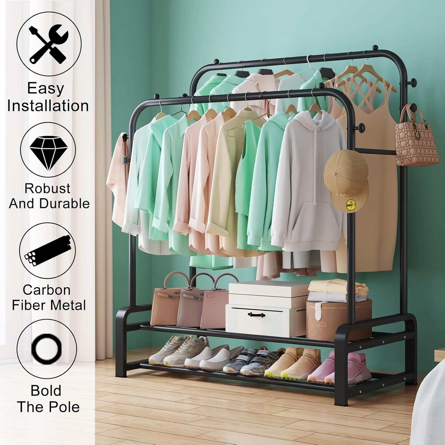 Heavy Duty Double Rail Clothes Rack with Shoe Shelves – Black