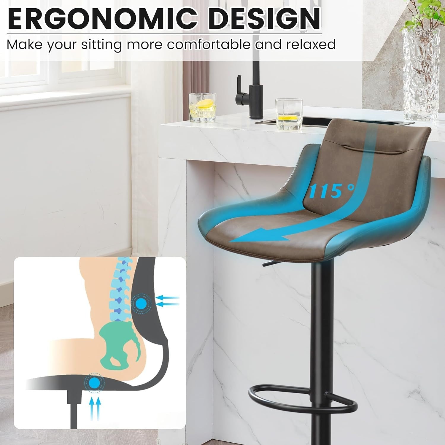 Adjustable Brown PU Leather Bar Stools Set of 2 Swivel Kitchen Counter
