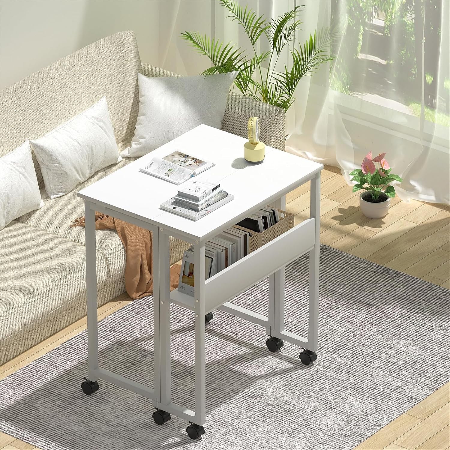 Folding Computer Desk on Wheels with Storage Shelf Space Saving White 80cm