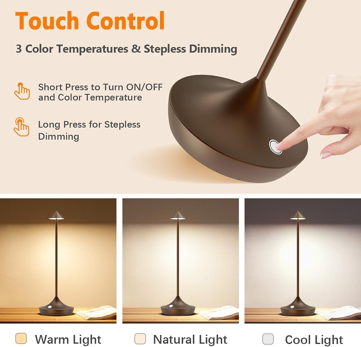 Cordless Rechargeable LED Table Lamps, Dimmable, Portable, 2pcs Brown