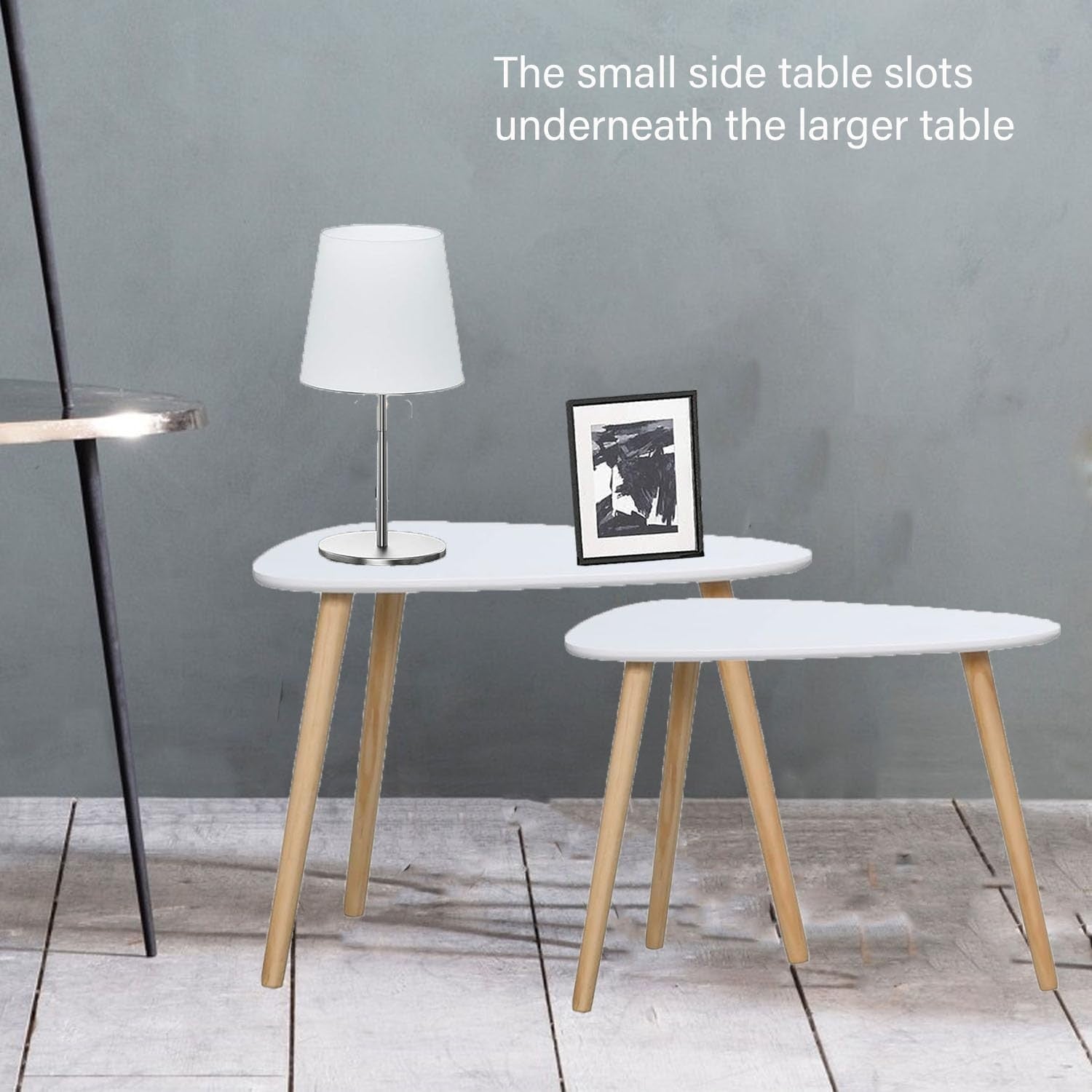 Nesting Coffee Tables White Set of 2 Modern Triangle Side Table Pine Legs
