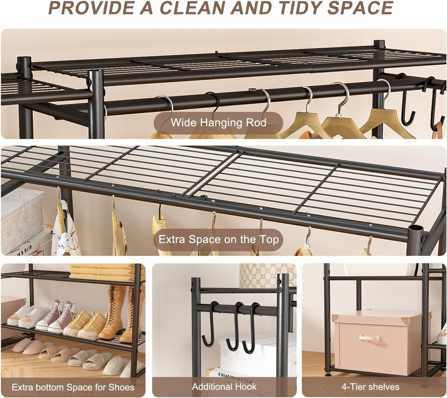 Heavy Duty Clothes Rail with Shelves & Hooks – Black 162cm