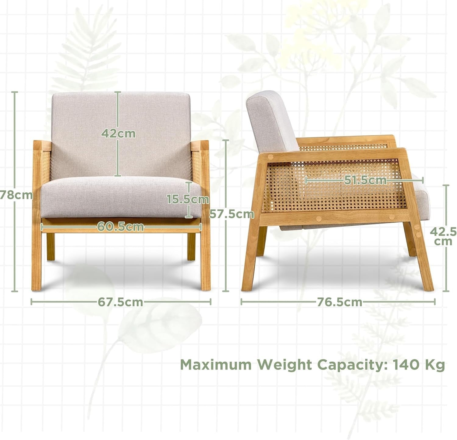 Set of 2 Linen Fabric Accent Armchairs Modern Indoor Chairs with Cane Sides