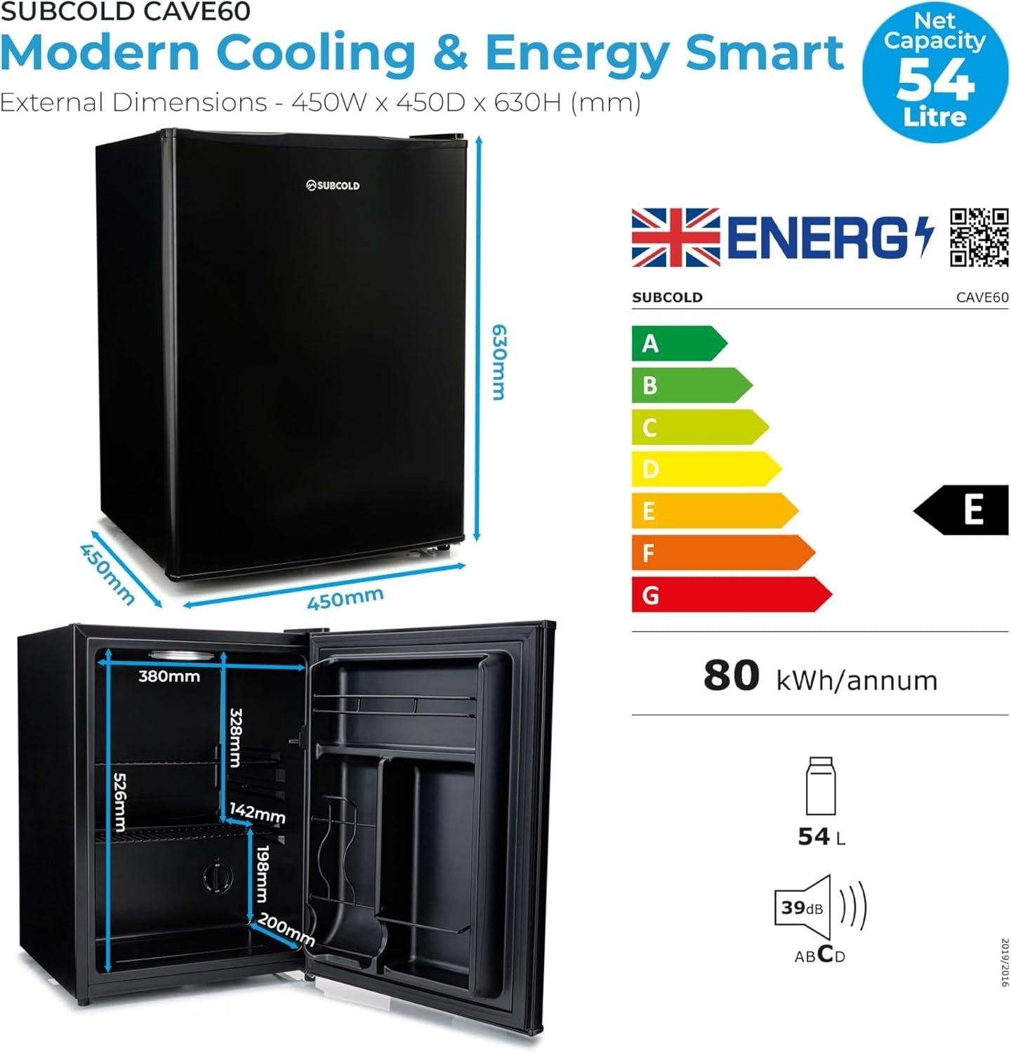 54L Mini Fridge Beer & Drink Cooler LED Solid Door Compact Black