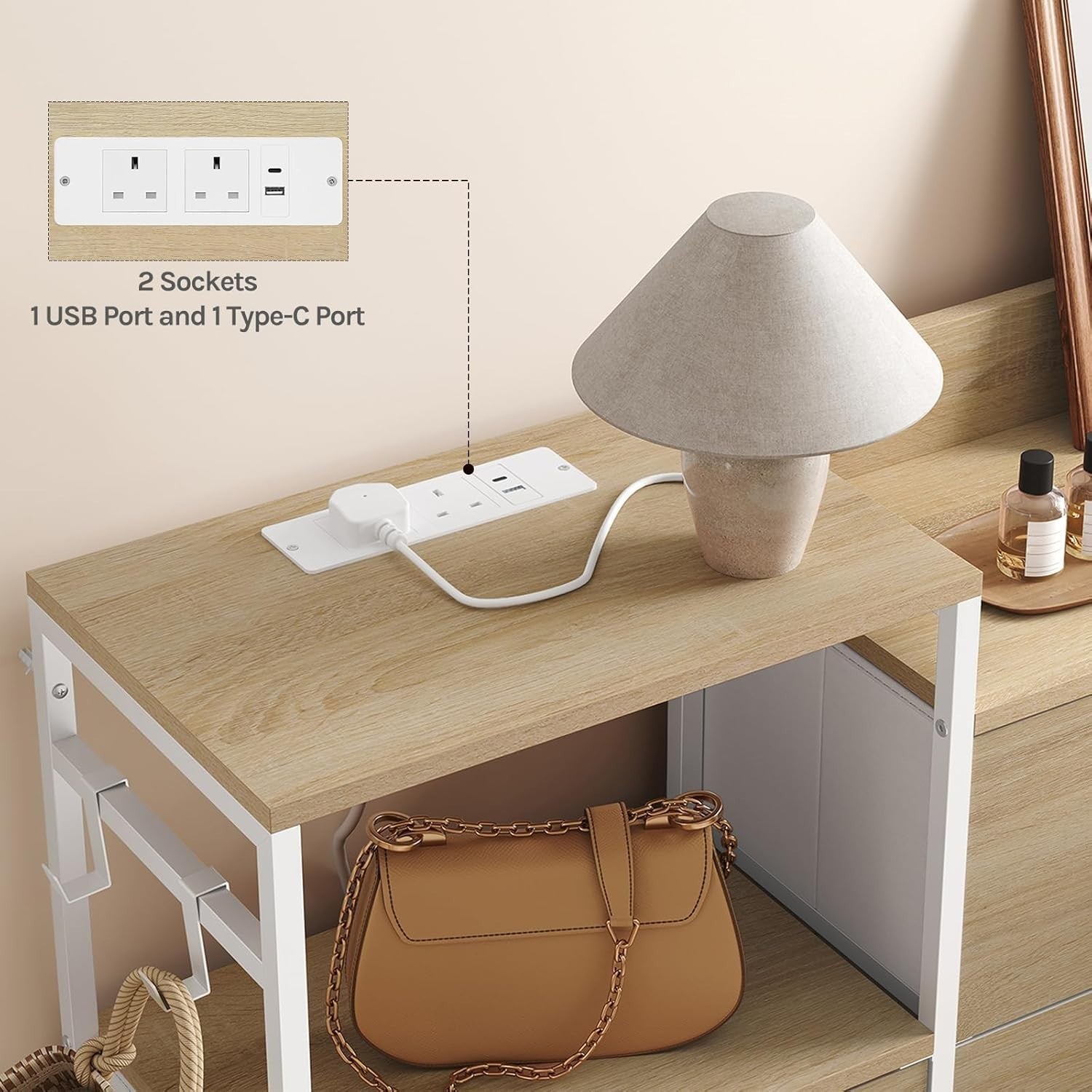 8 Drawer Fabric Chest with USB Ports Power Strip Light Oak White Storage Unit