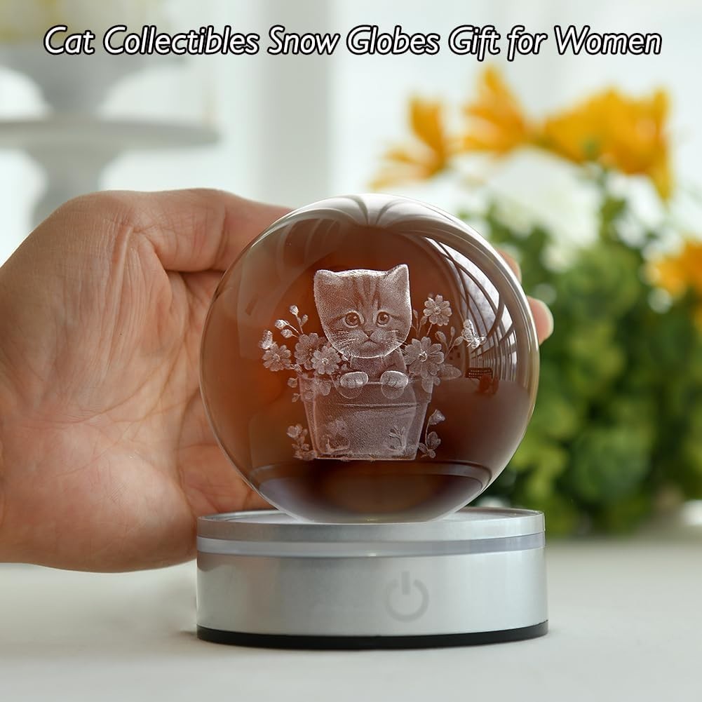 3D Cat with Flower Crystal Ball LED Light • Engraved Kitten Ornament