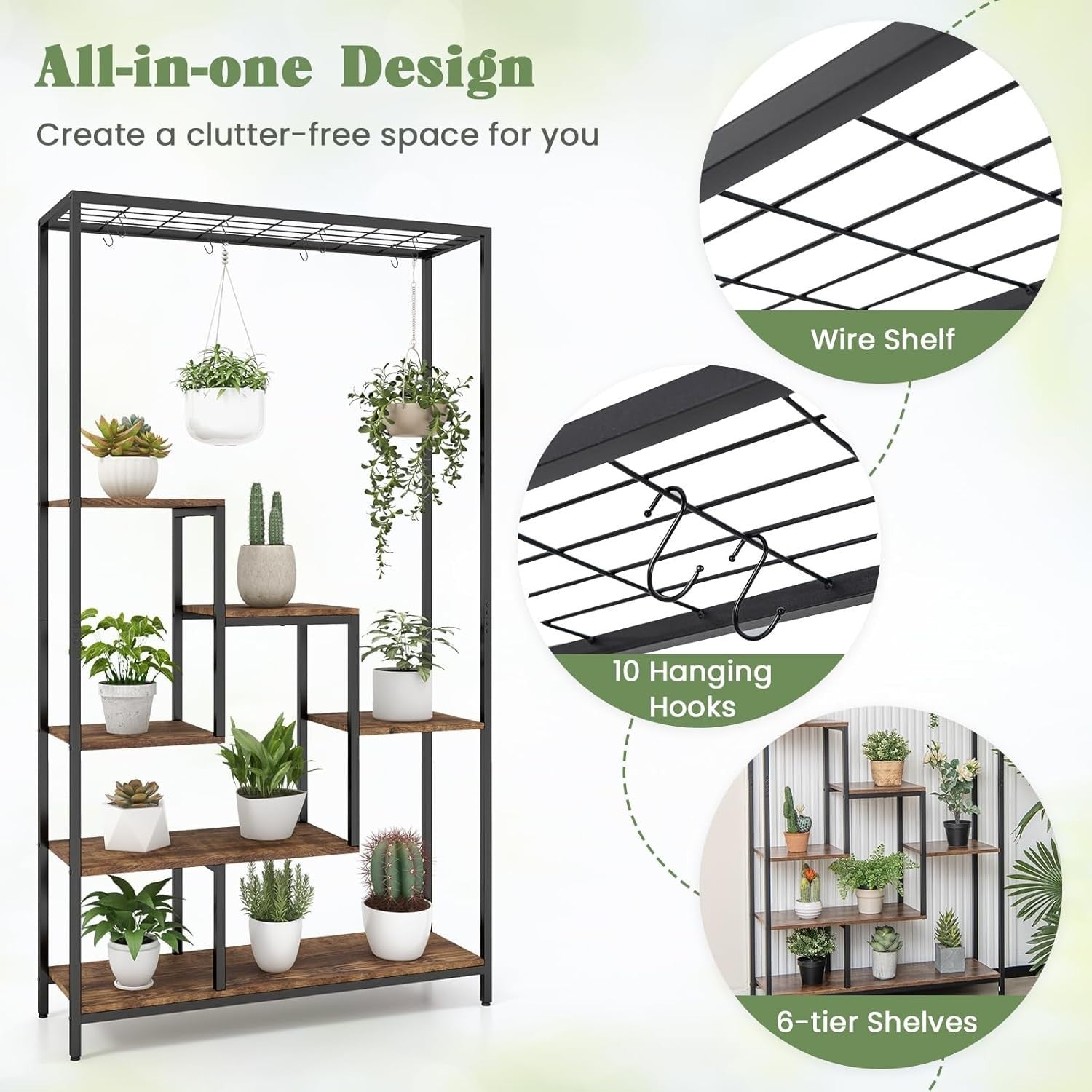 6-Tier Tall Metal Plant Stand with Hooks, Indoor Flower Shelf Display Rack 180cm