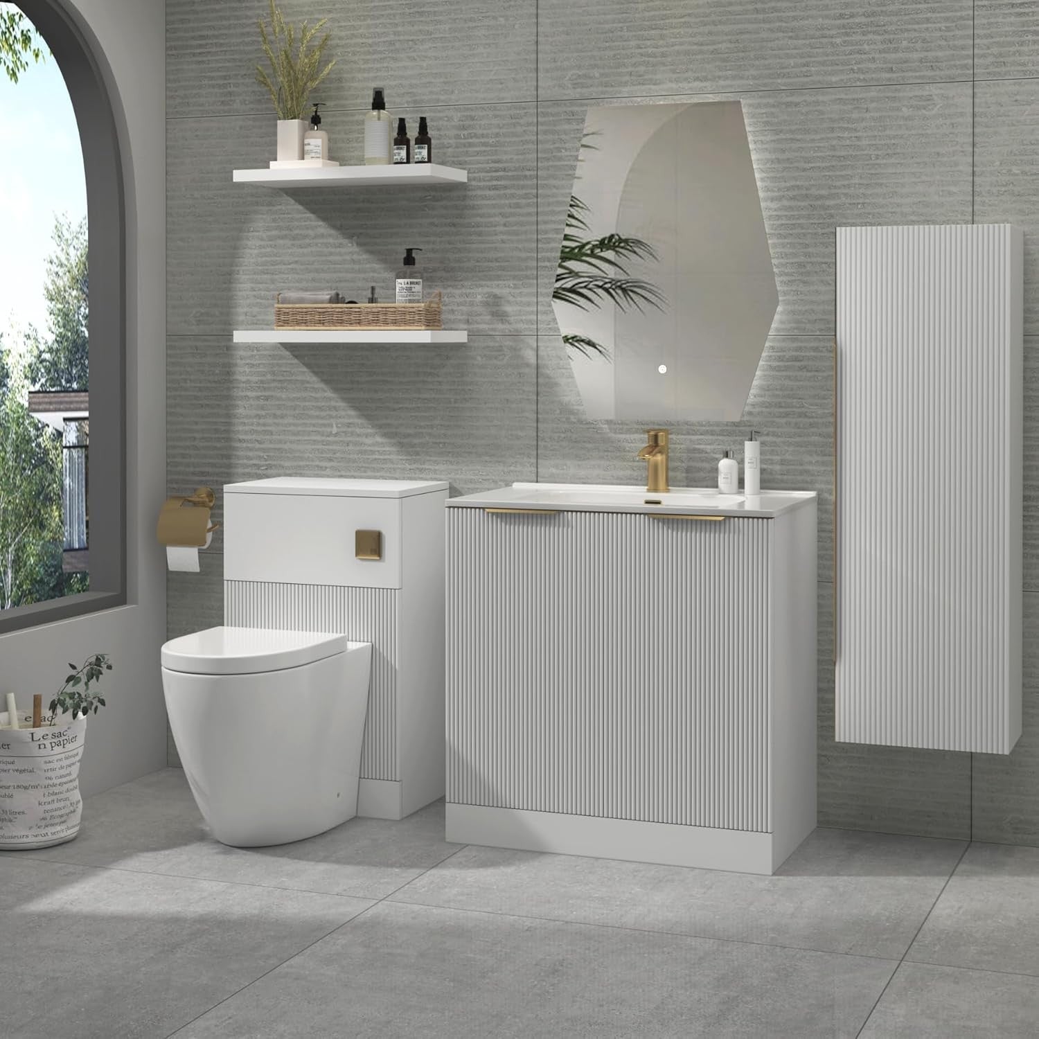 White 800mm Bathroom Vanity Unit with Basin & Brass Handles Floor Standing