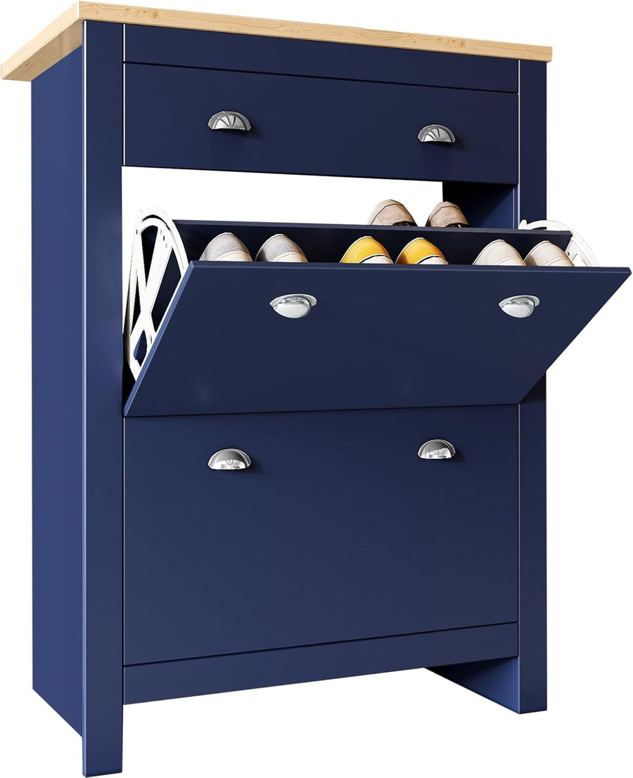 Slim Wooden Shoe Storage Cabinet with 2 Flip Drawers & Extra Drawer 78cm Blue