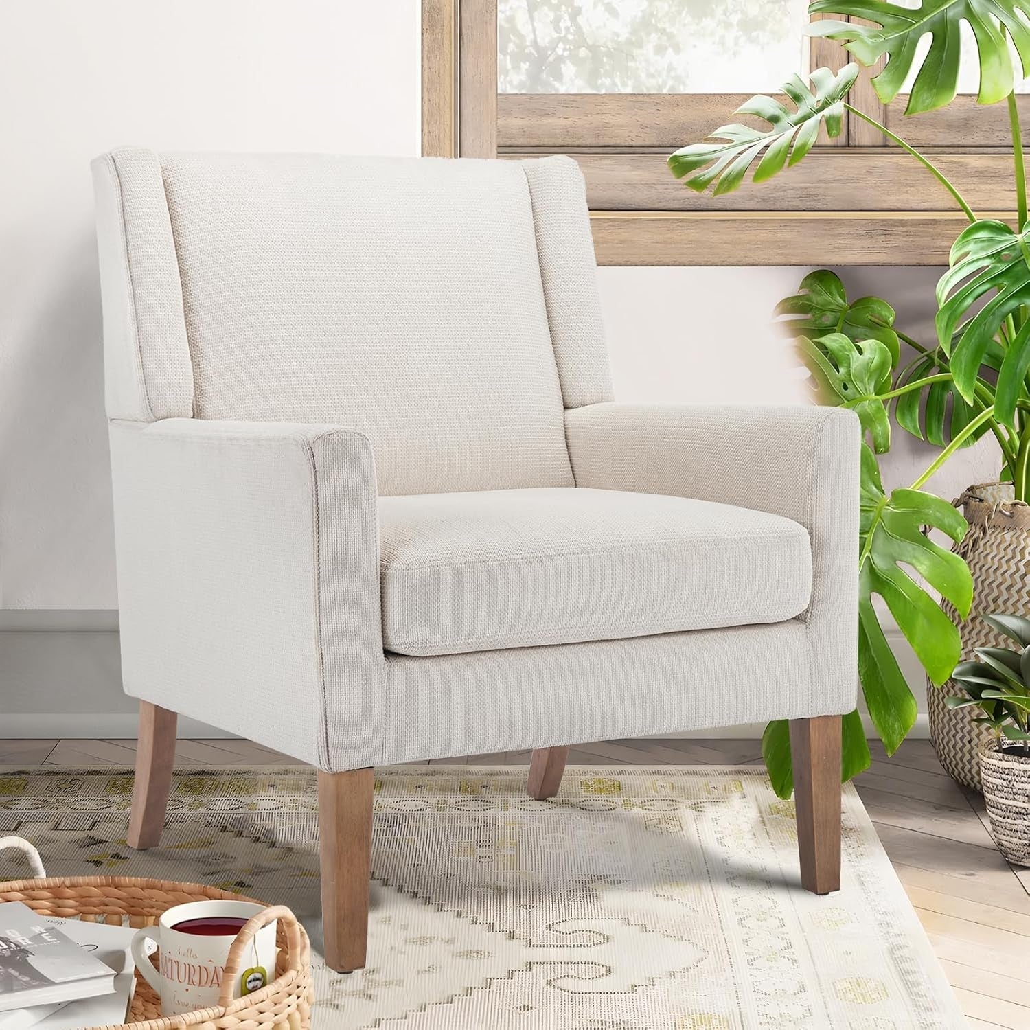 Beige Wingback Accent Armchair Upholstered Lounge Wood Legs