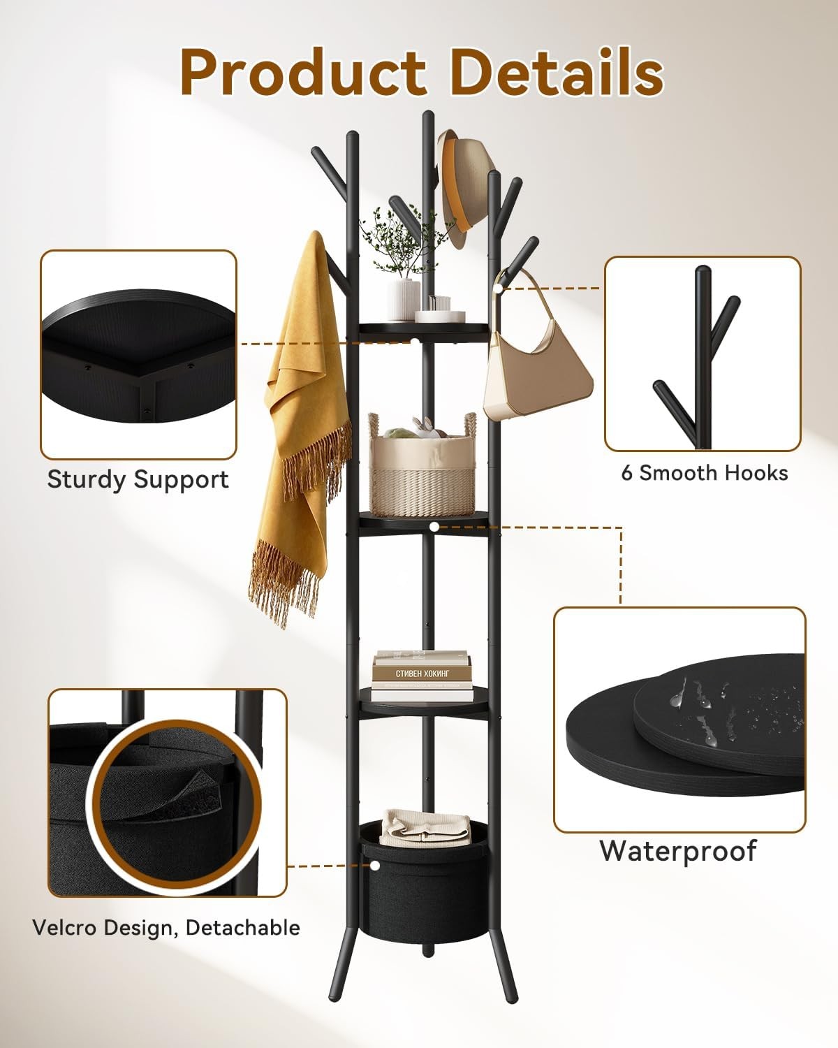 Black Freestanding Coat Rack with Shelves | 169cm Metal Hall Tree Stand